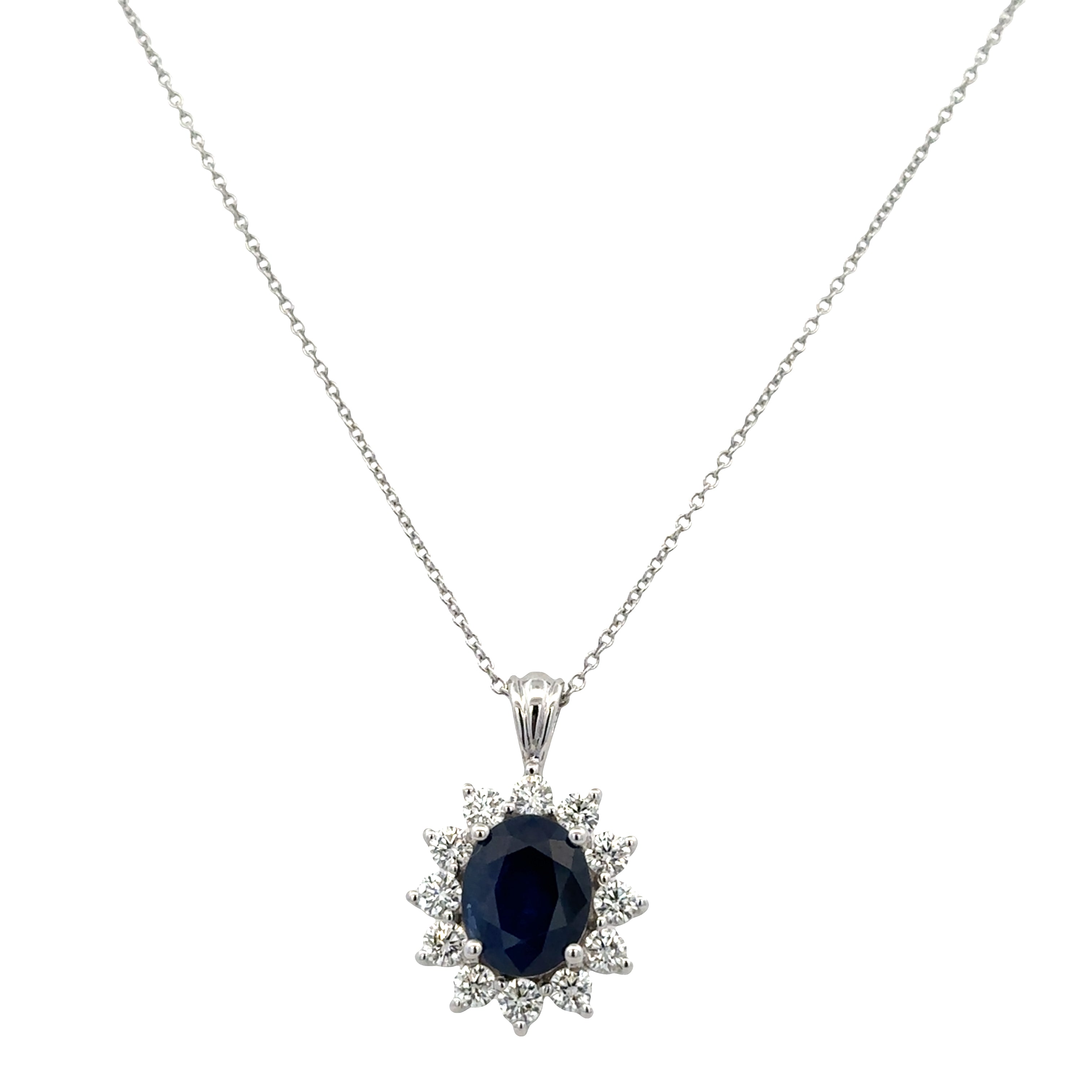 14k White Gold Sapphire & Diamond Halo Pendant Necklace – 18"