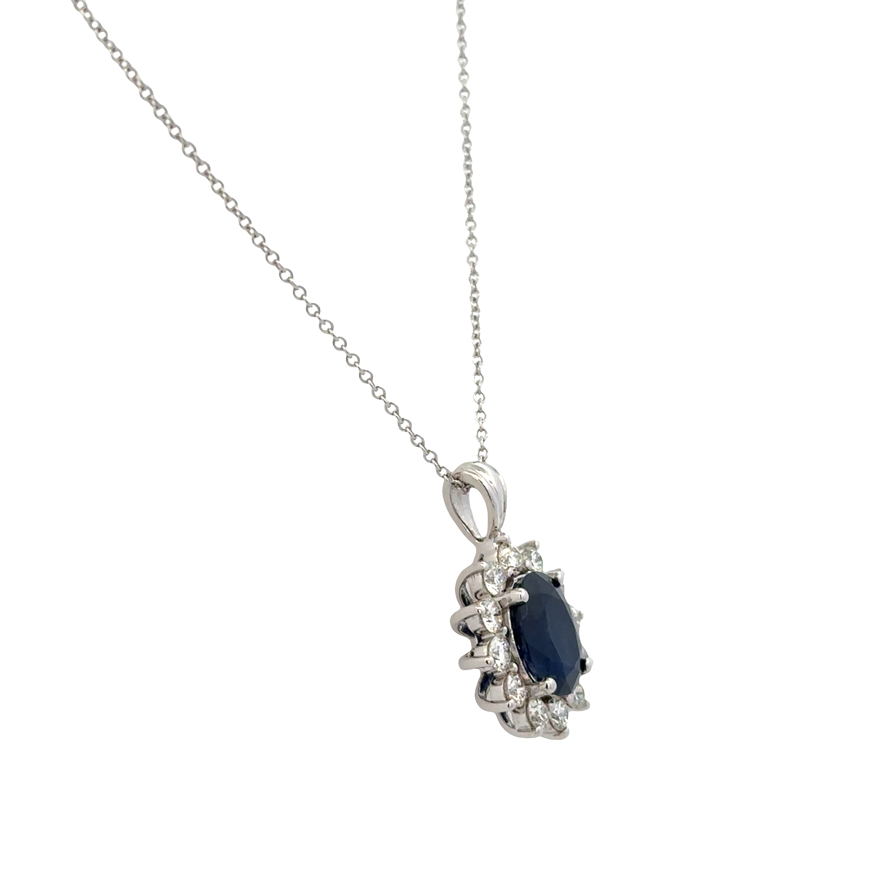 14k White Gold Sapphire & Diamond Halo Pendant Necklace – 18"