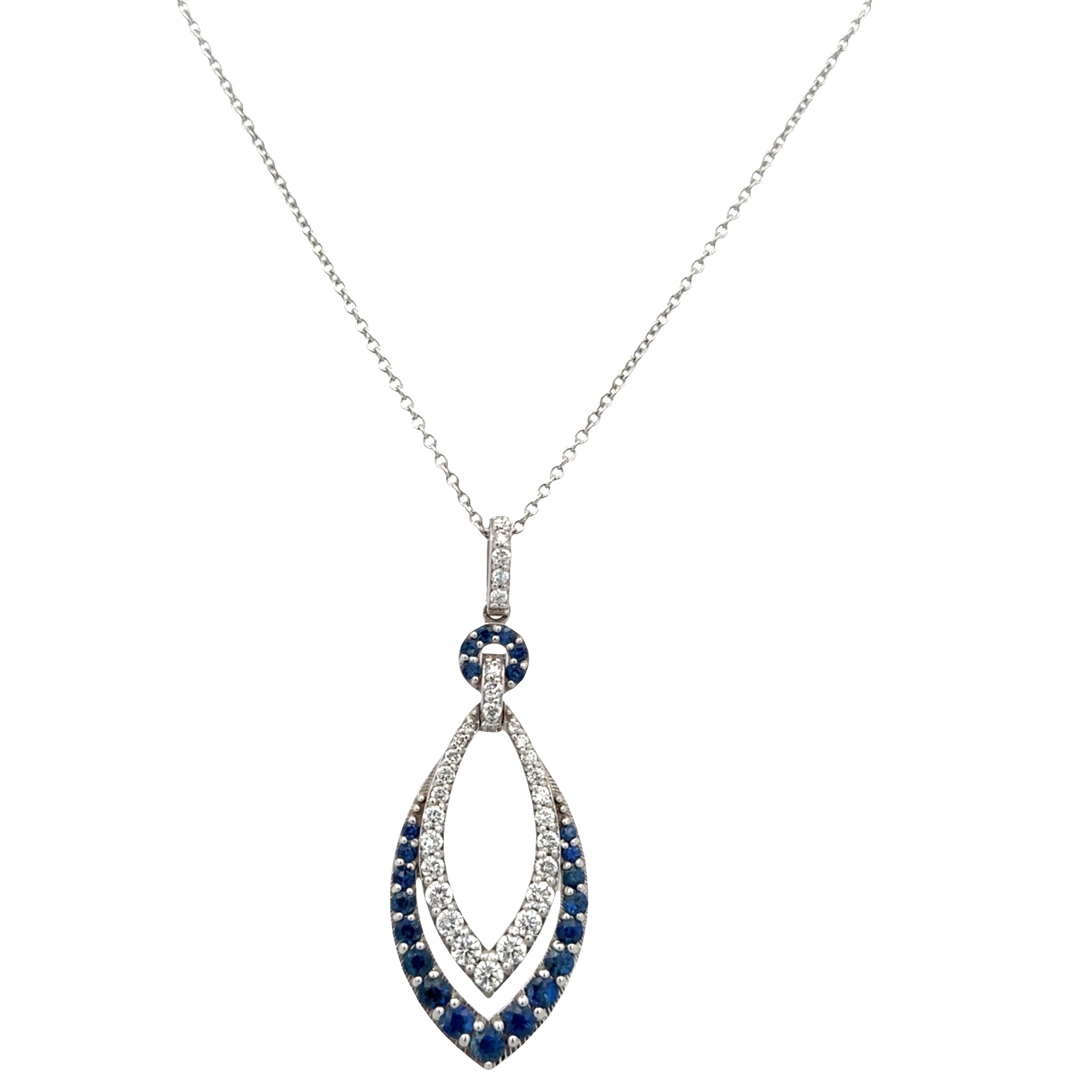 14k White Gold Sapphire & Diamond Openwork Teardrop Pendant Necklace – Adjustable 18"