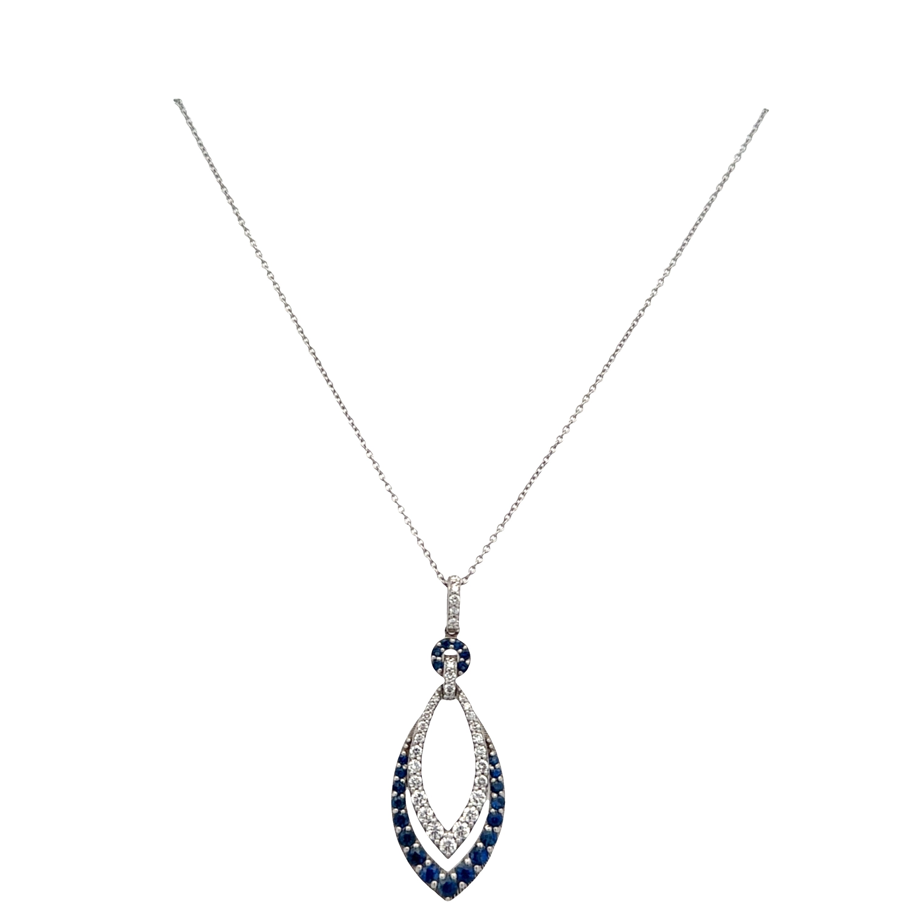 14k White Gold Sapphire & Diamond Openwork Teardrop Pendant Necklace – Adjustable 18"