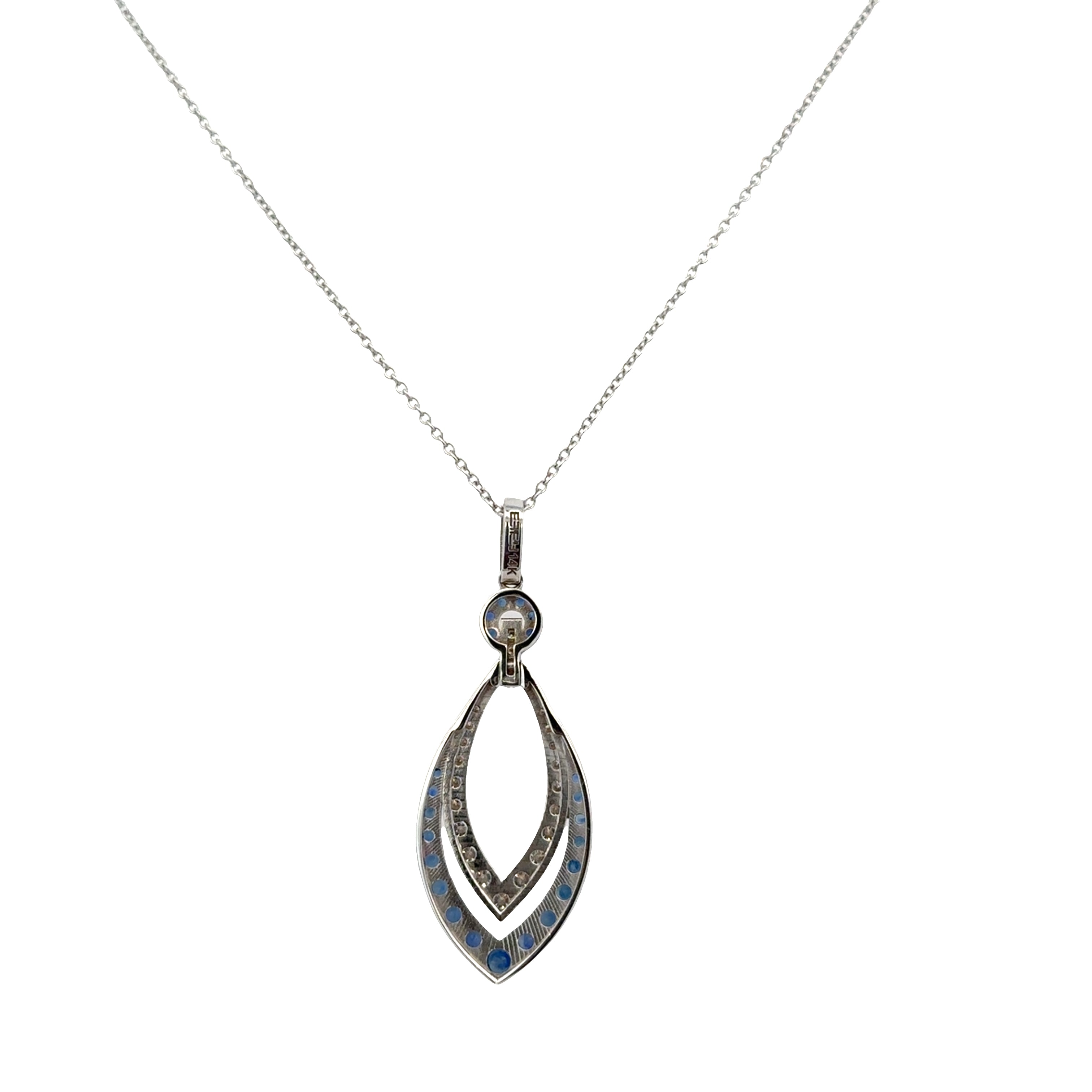 14k White Gold Sapphire & Diamond Openwork Teardrop Pendant Necklace – Adjustable 18"