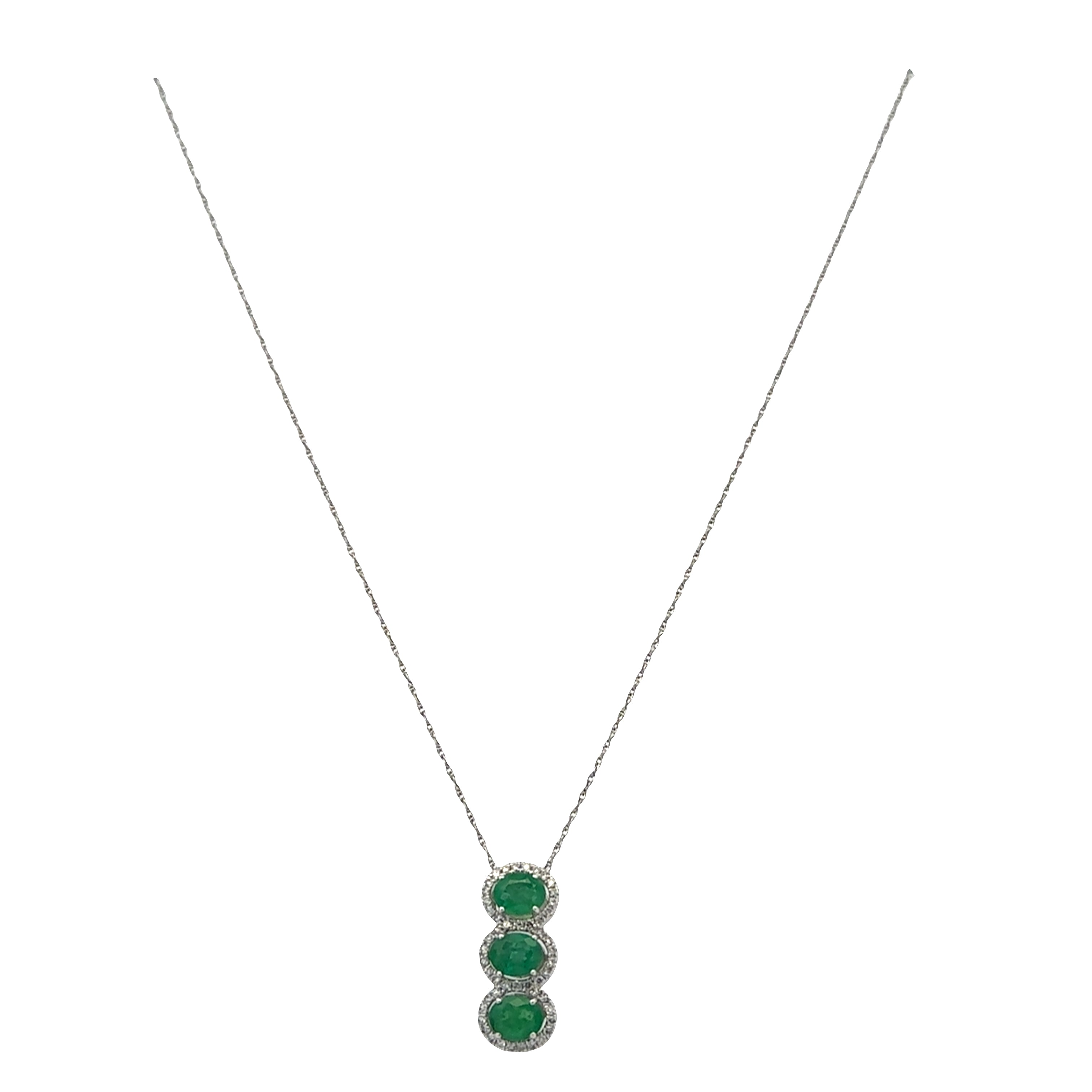 14k White Gold Emerald & Diamond Triple Halo Pendant