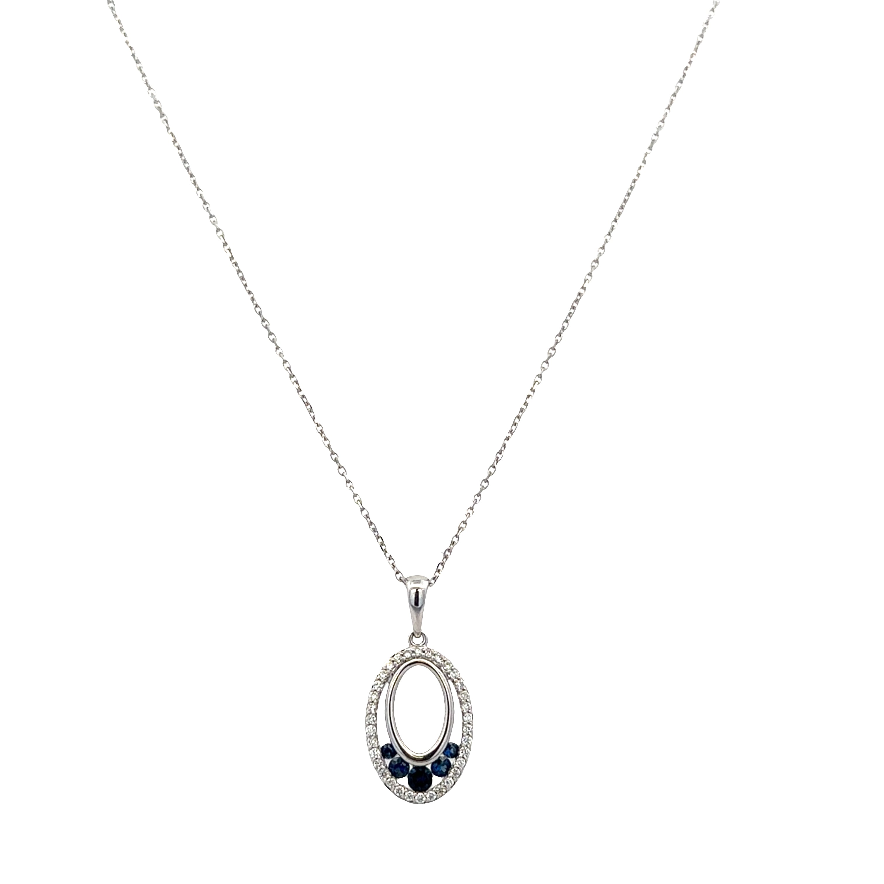 14k White Gold Sapphire & Diamond Open Oval Pendant Necklace