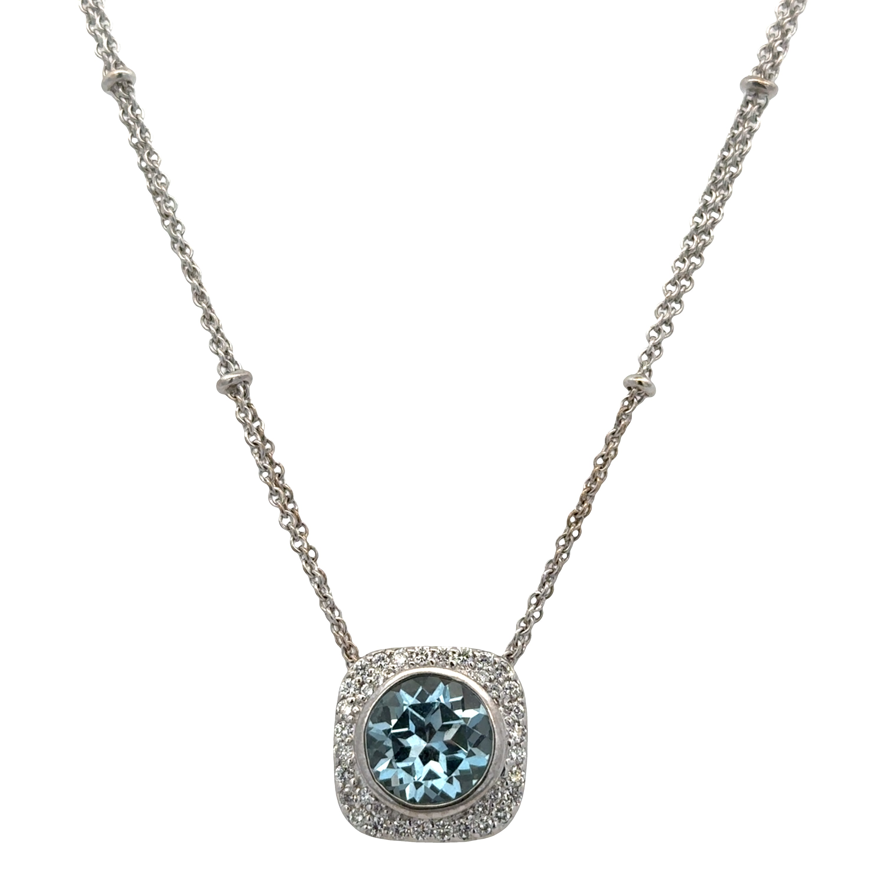 14k White Gold Double Strand Blue Topaz & Diamond Necklace – 16"