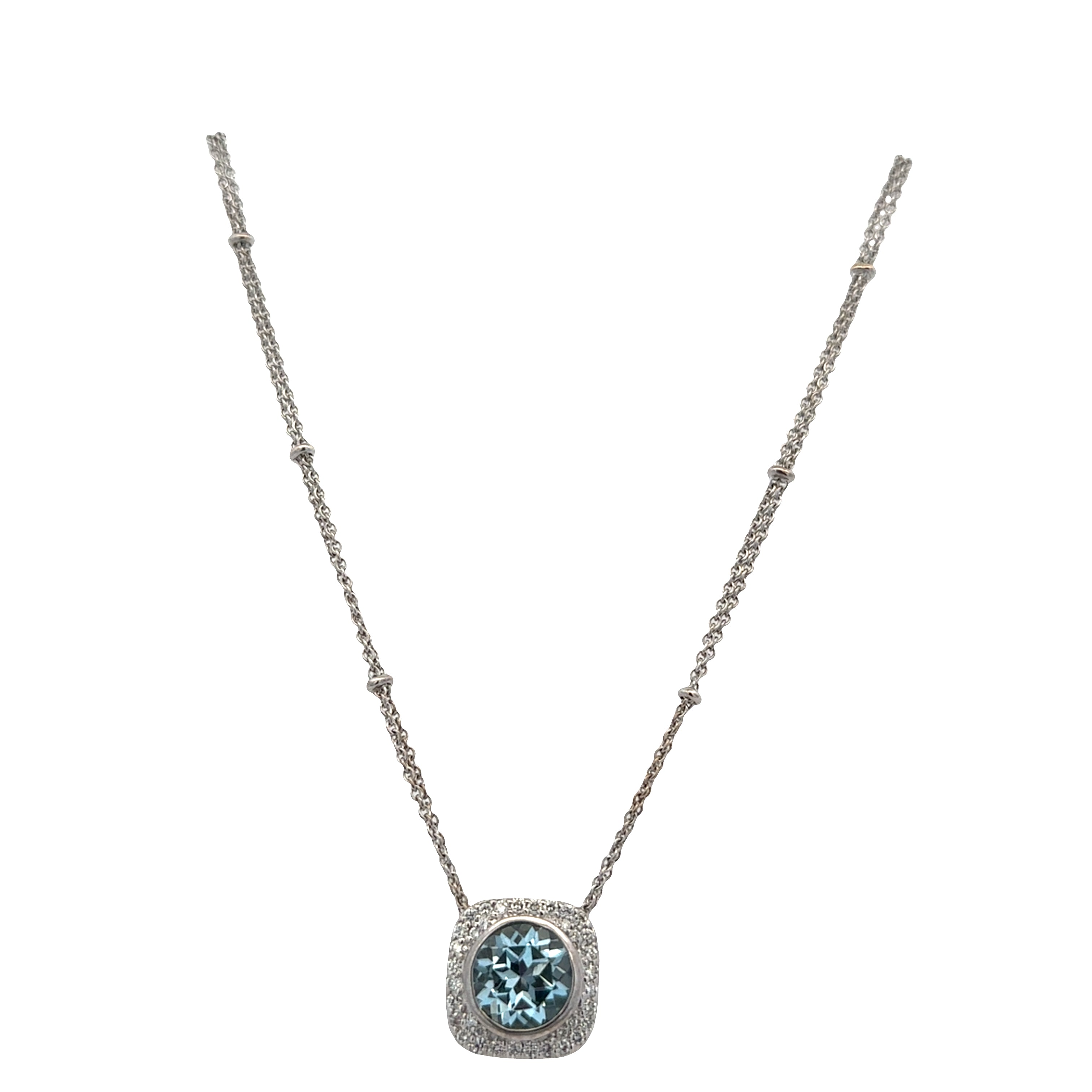 14k White Gold Double Strand Blue Topaz & Diamond Necklace – 16"