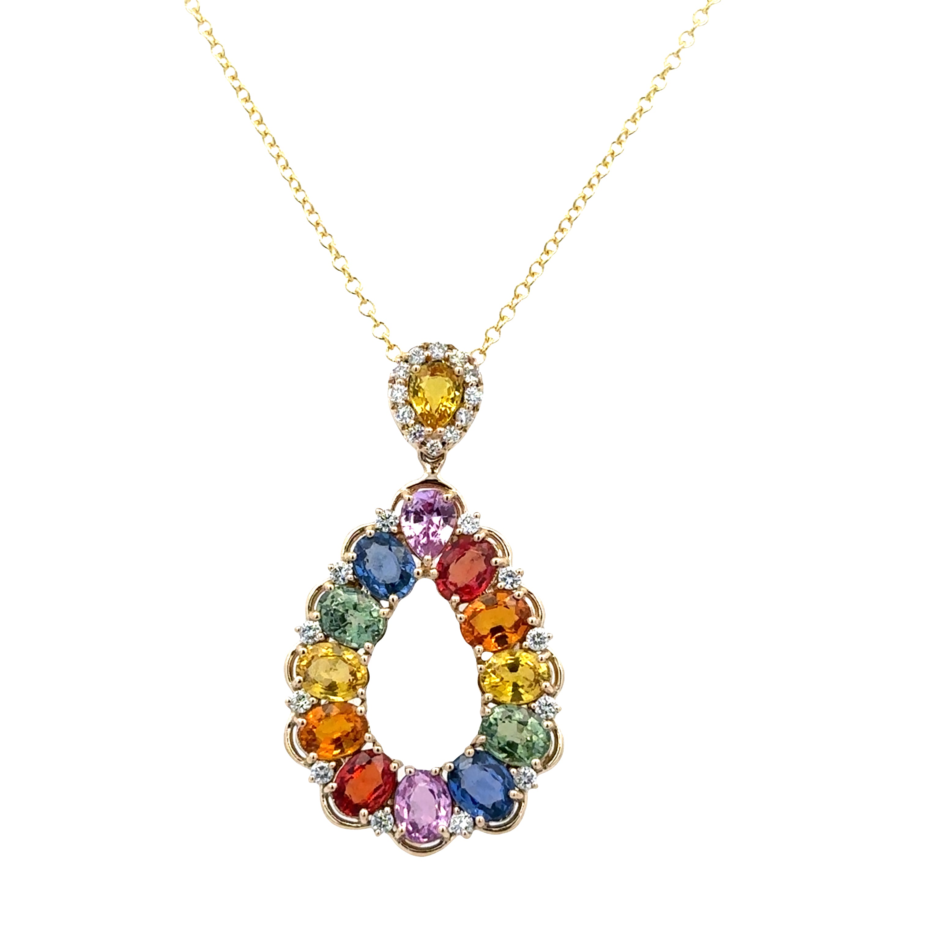 14k Yellow Gold Multicolored Sapphire & Diamond Teardrop Pendant – Adjustable Chain