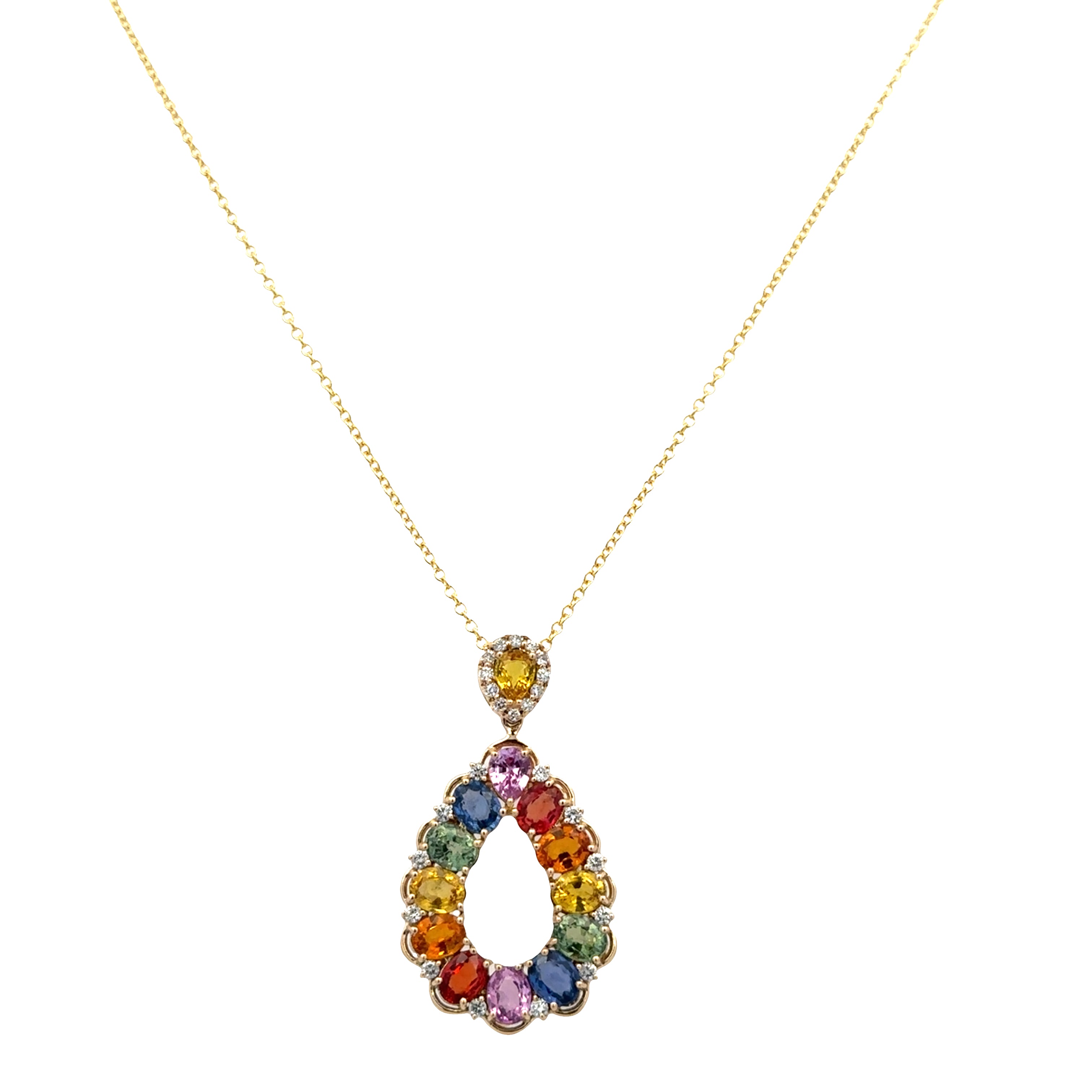 14k Yellow Gold Multicolored Sapphire & Diamond Teardrop Pendant – Adjustable Chain