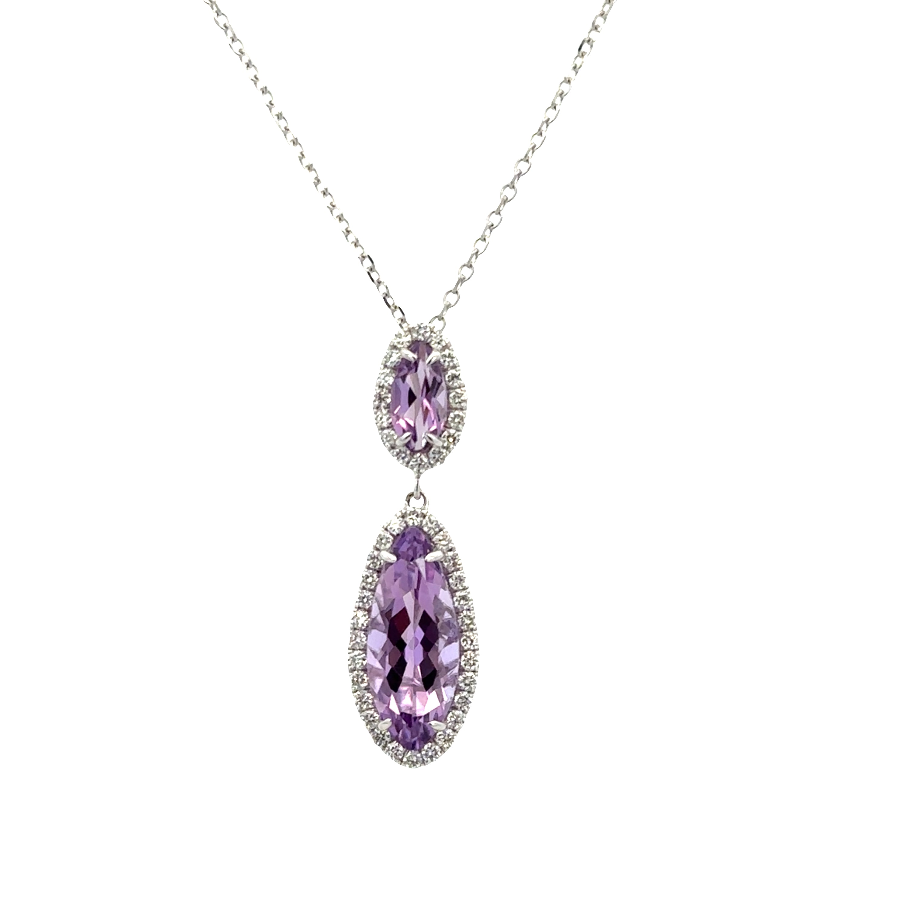 14k White Gold Amethyst & Diamond Halo Pendant – Adjustable 18"