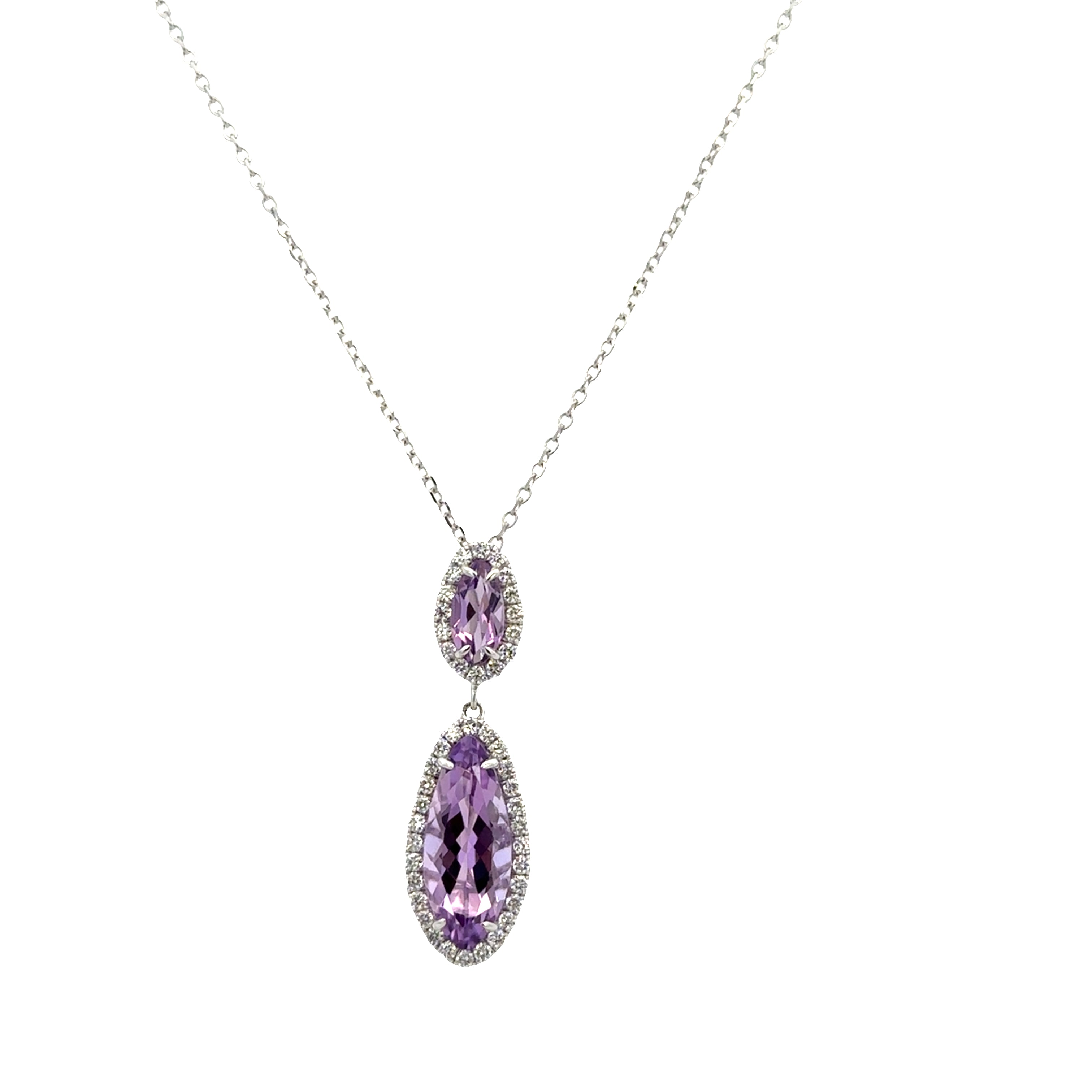 14k White Gold Amethyst & Diamond Halo Pendant – Adjustable 18"