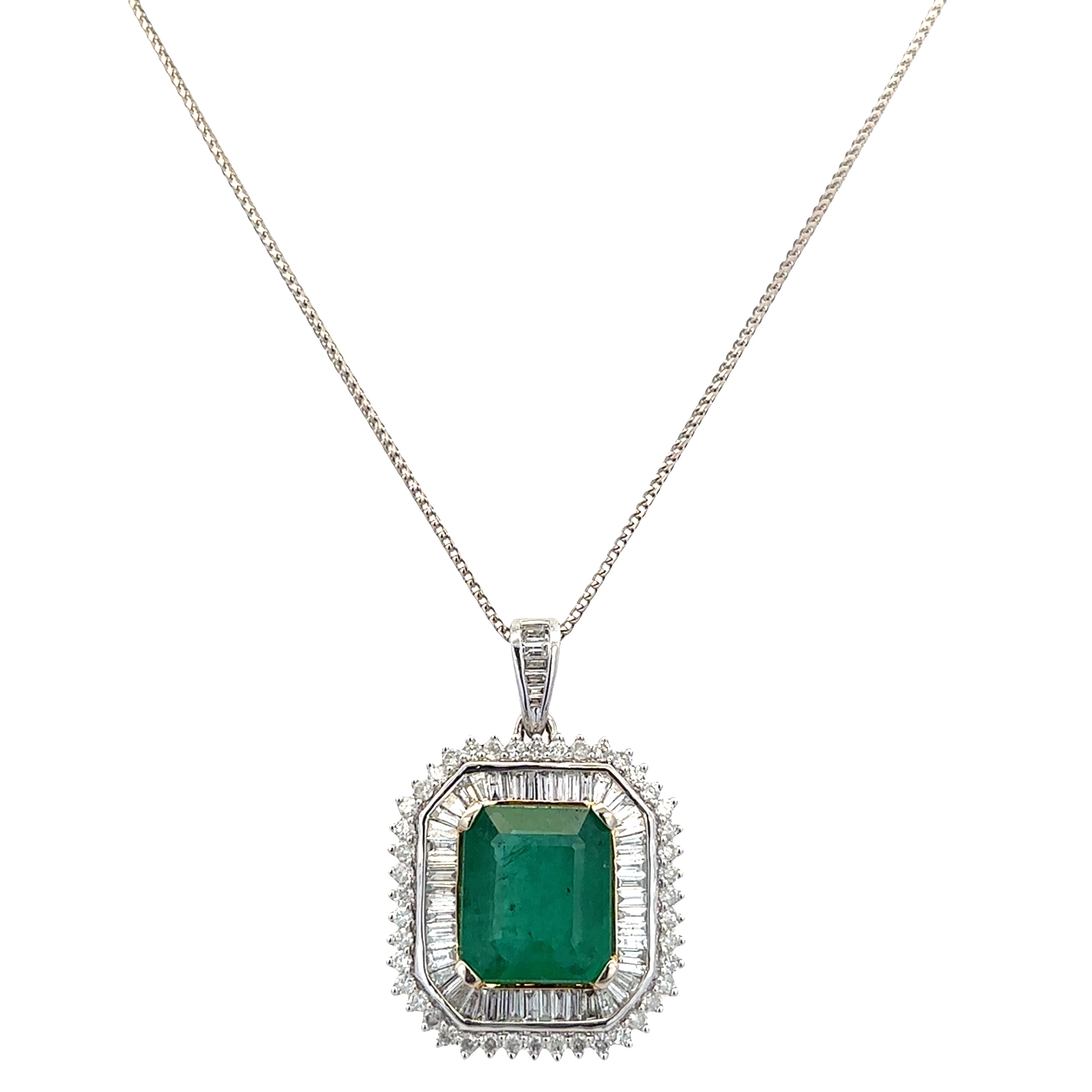 14k White Gold Emerald & Diamond Double Halo Pendant Necklace – 18"