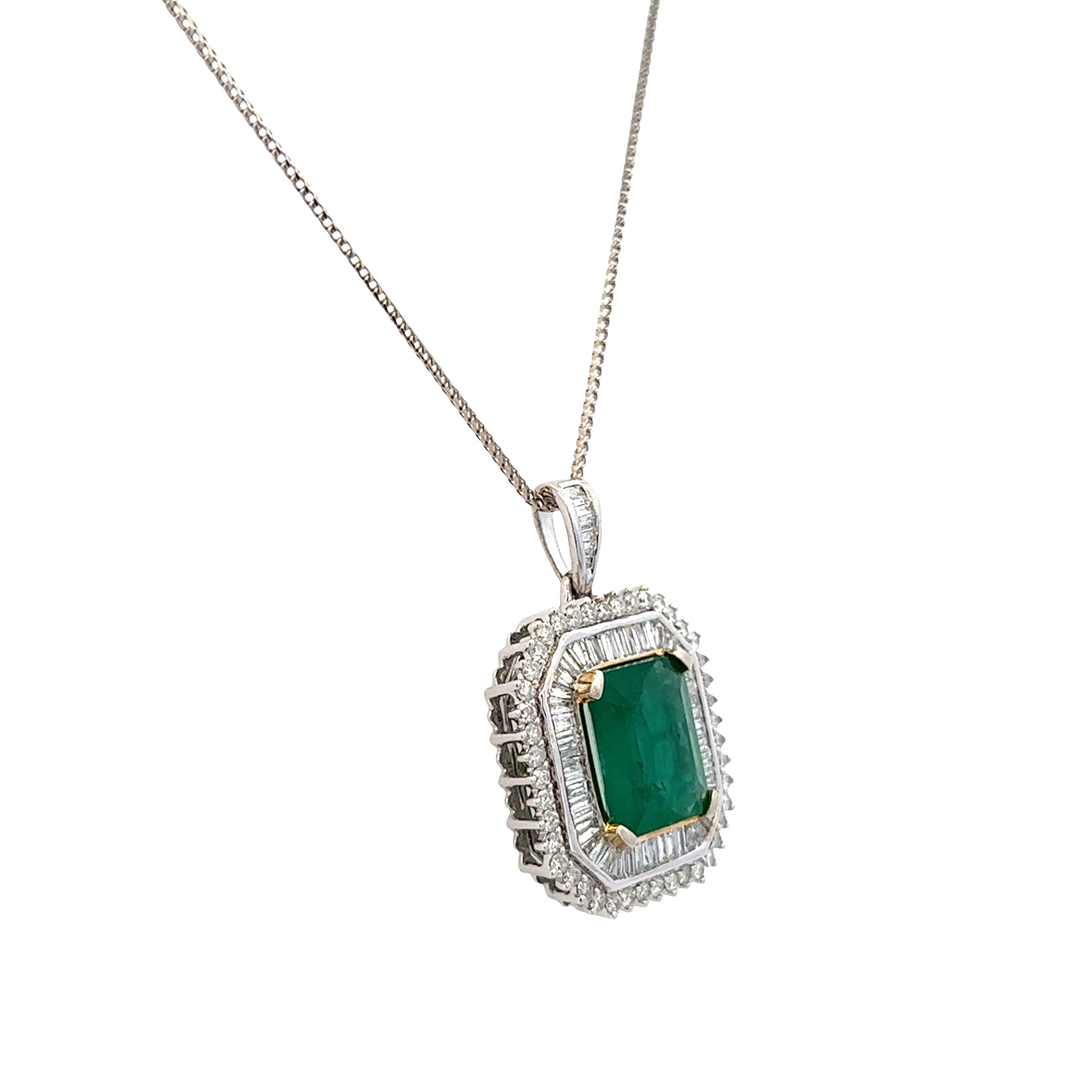 14k White Gold Emerald & Diamond Double Halo Pendant Necklace – 18"