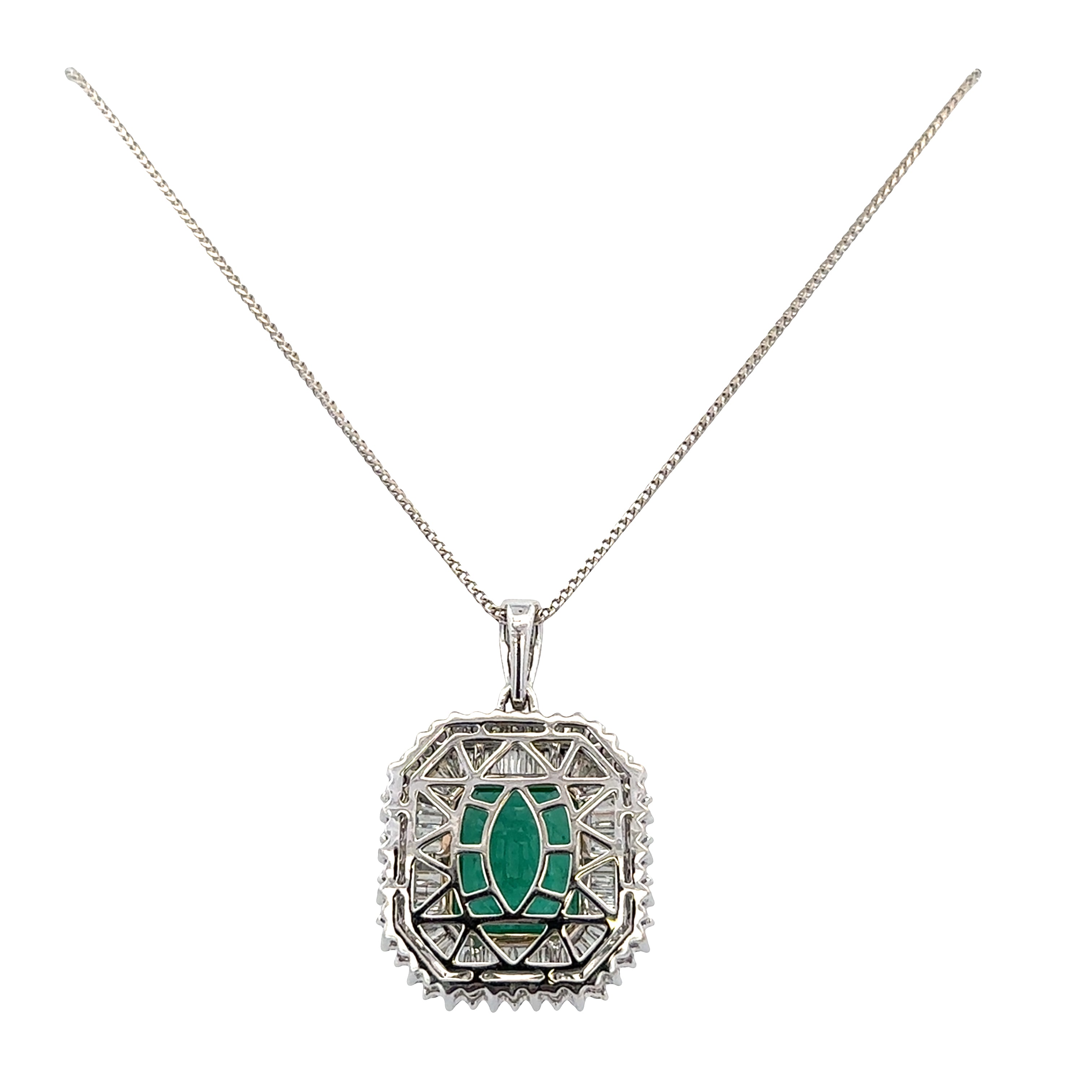 14k White Gold Emerald & Diamond Double Halo Pendant Necklace – 18"