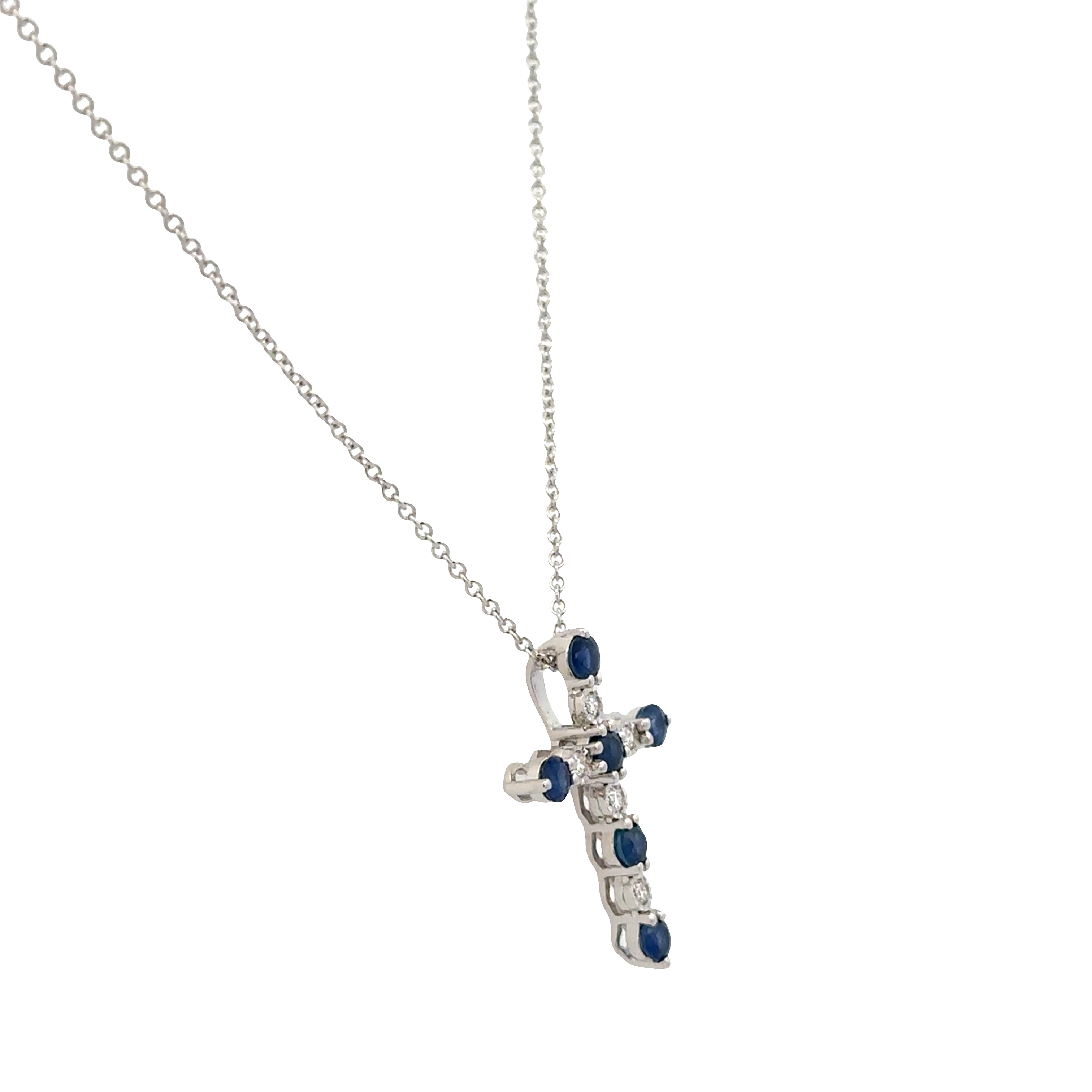 14k White Gold Sapphire & Diamond Cross Pendant Necklace – Adjustable 18"