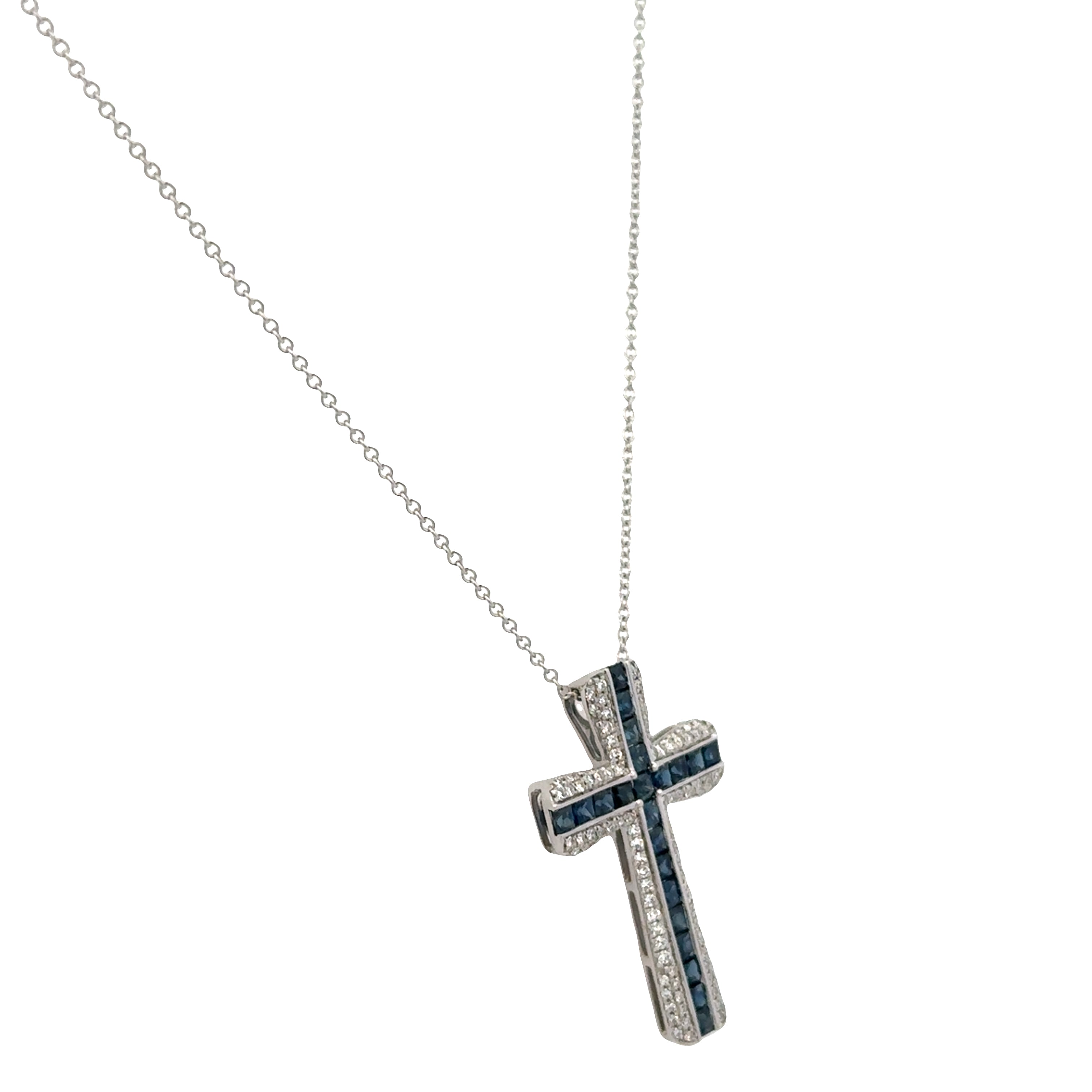 14k White Gold Sapphire & Diamond Cross Pendant Necklace – Adjustable 18"