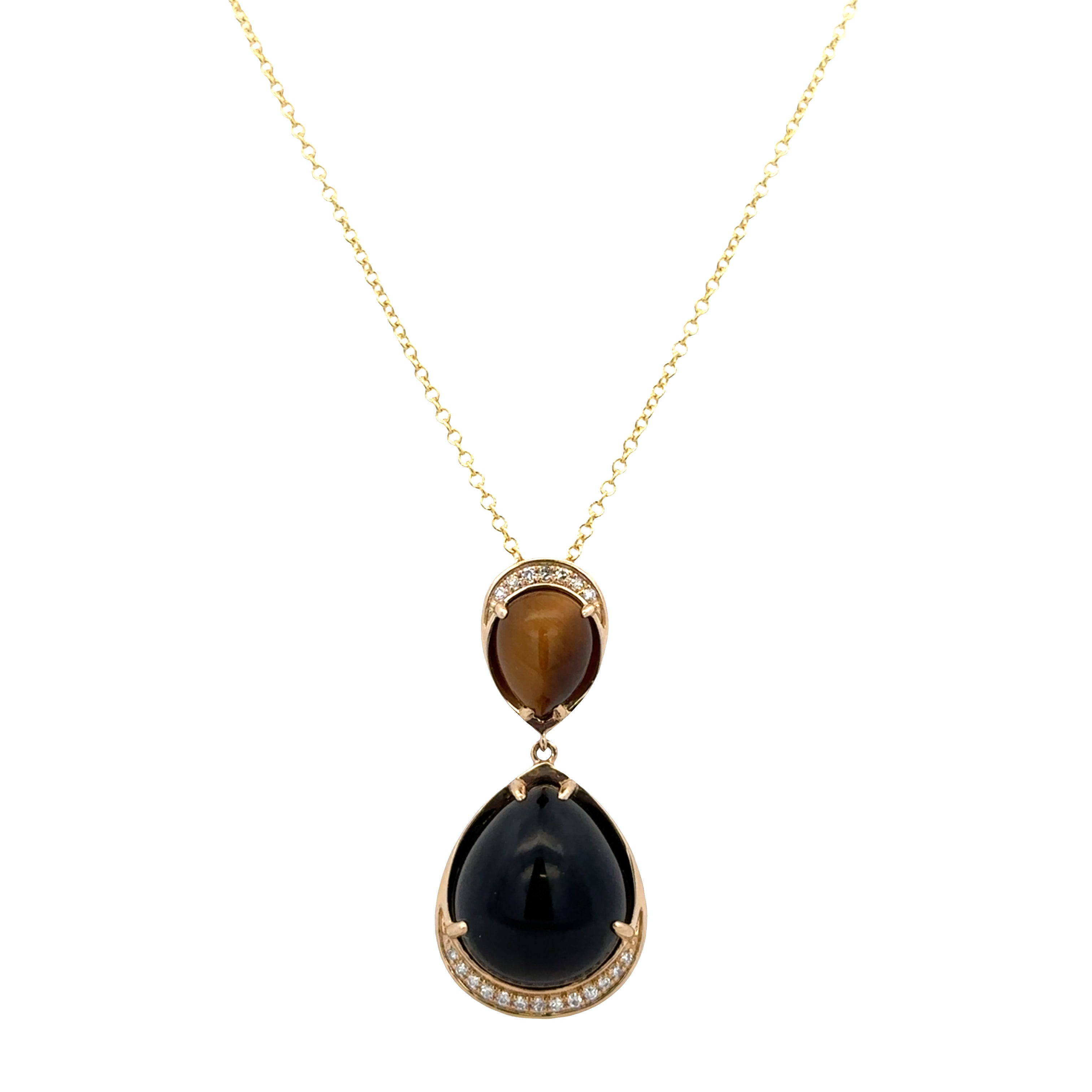 14k Yellow Gold Black Onyx, Tiger’s Eye & Diamond Pendant Necklace