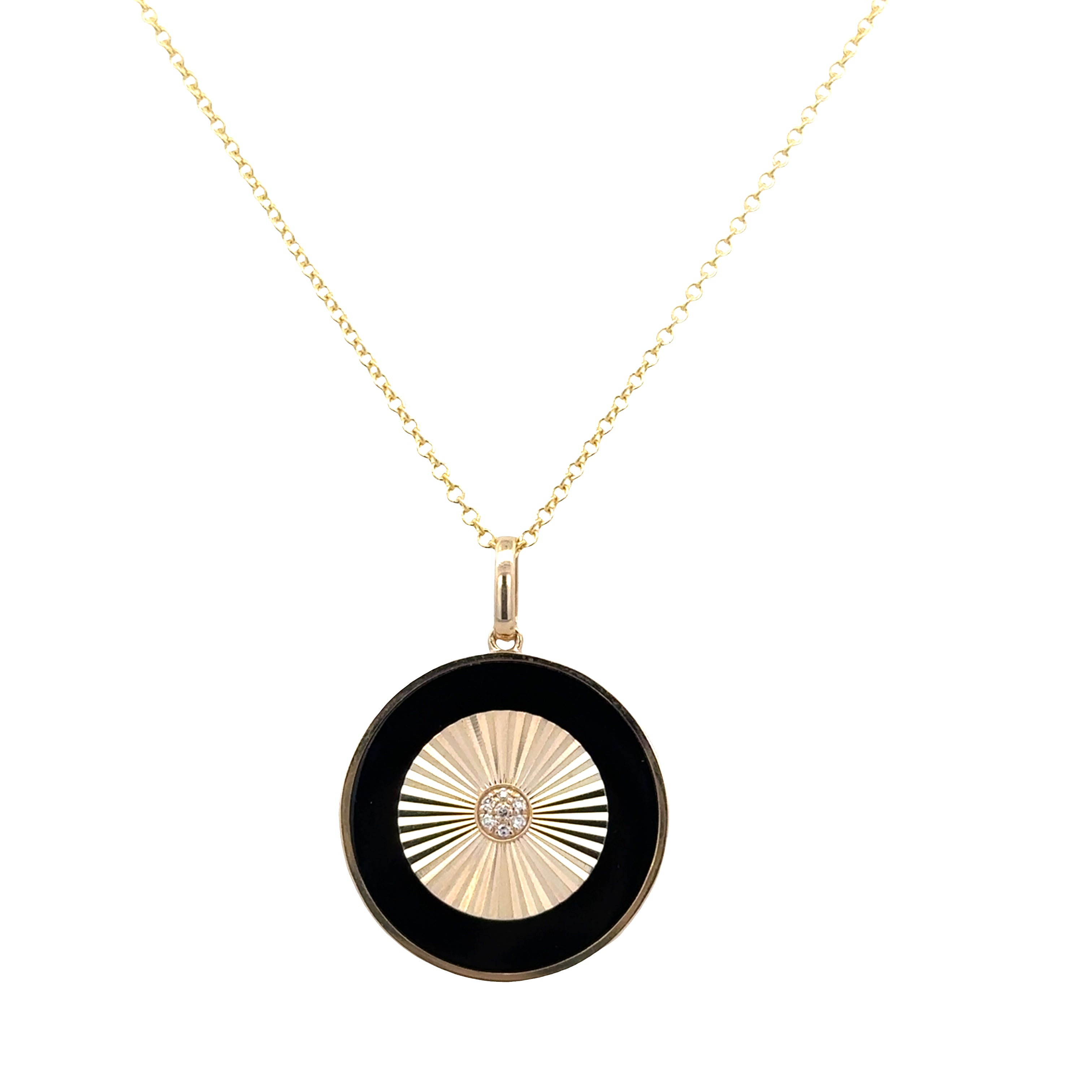 14k Yellow Gold Diamond & Black Onyx Fluted Pendant Necklace
