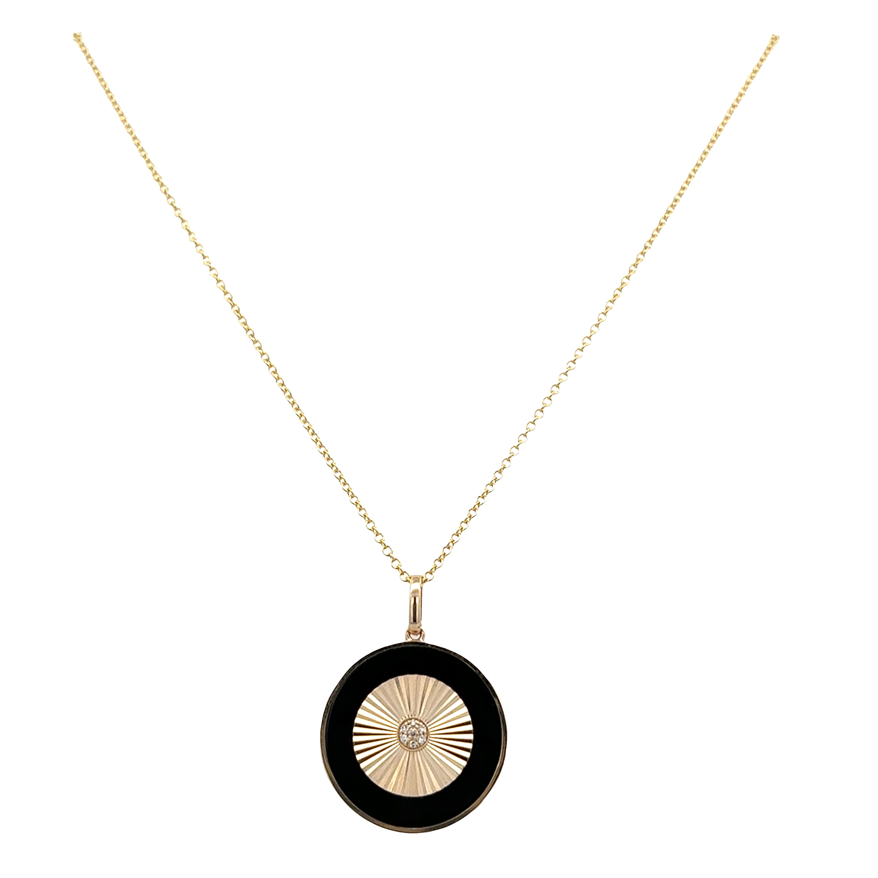 14k Yellow Gold Diamond & Black Onyx Fluted Pendant Necklace