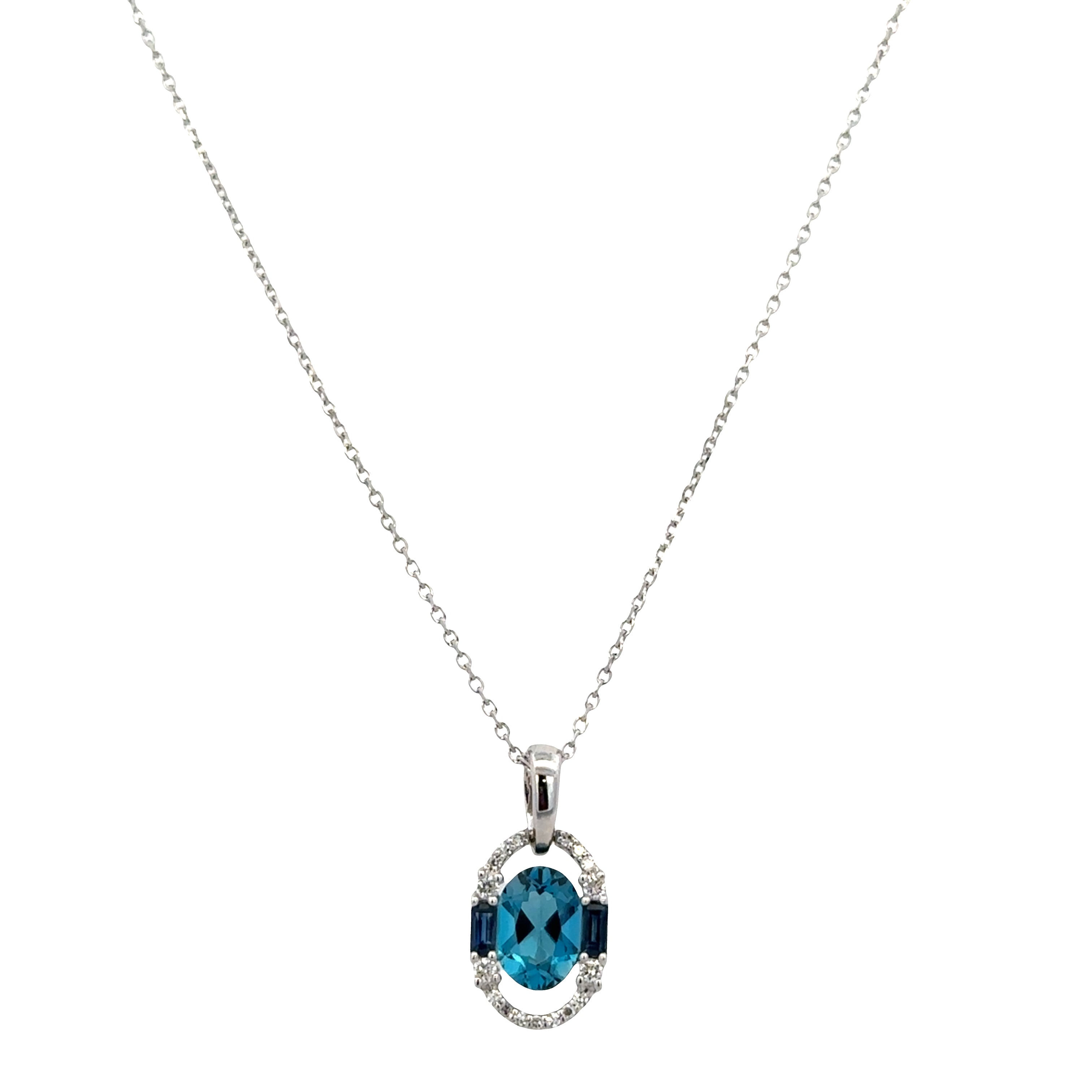 14k White Gold Blue Topaz, Sapphire & Diamond Pendant Necklace – Adjustable 18"