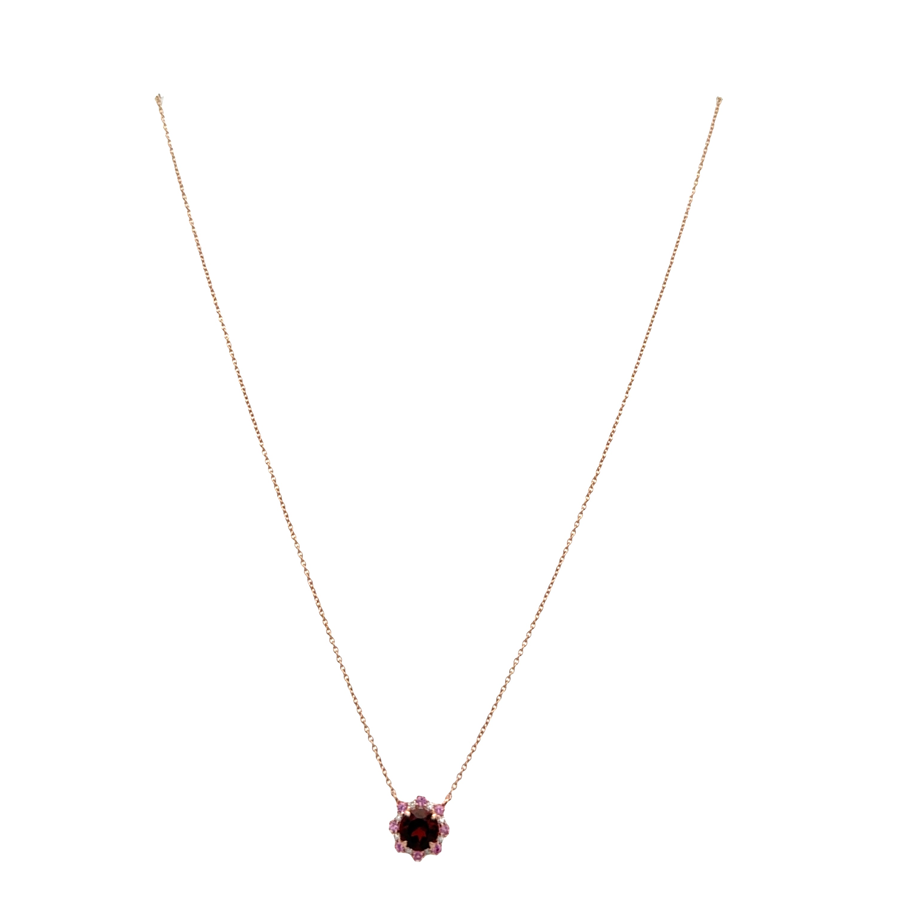 14k Rose Gold Garnet, Pink Sapphire & Diamond Halo Necklace – Adjustable 18"