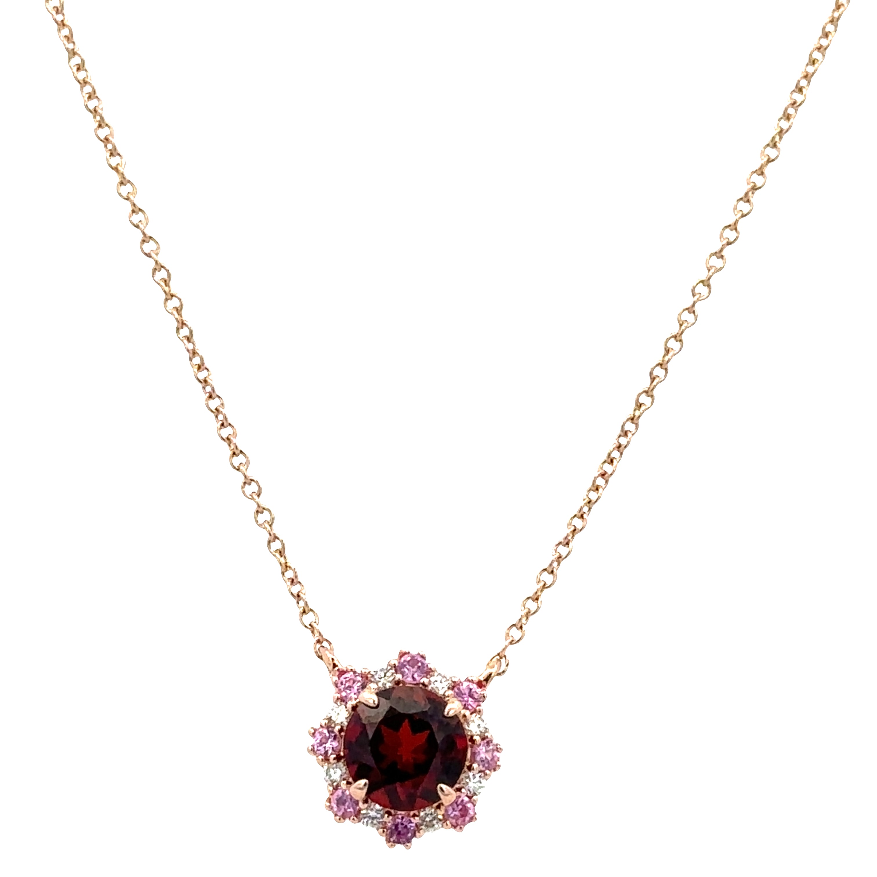 14k Rose Gold Garnet, Pink Sapphire & Diamond Halo Necklace – Adjustable 18"