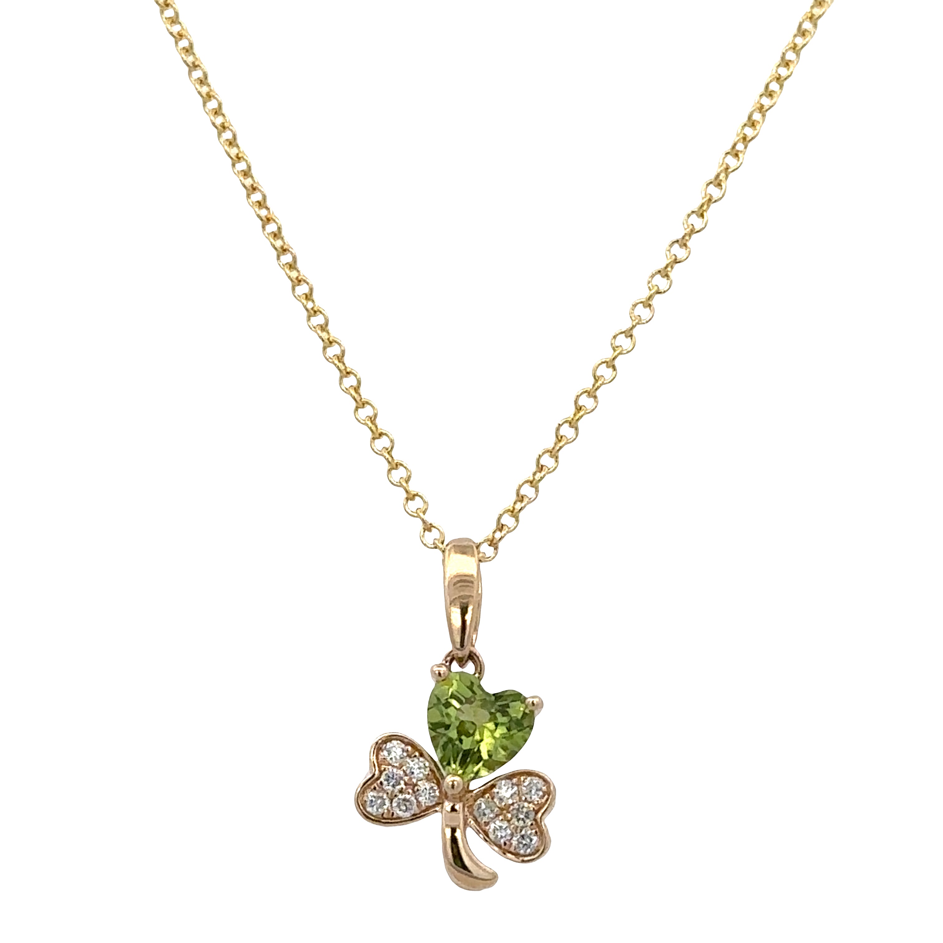 14k Yellow Gold Peridot & Diamond Clover Pendant Necklace – Adjustable 18"