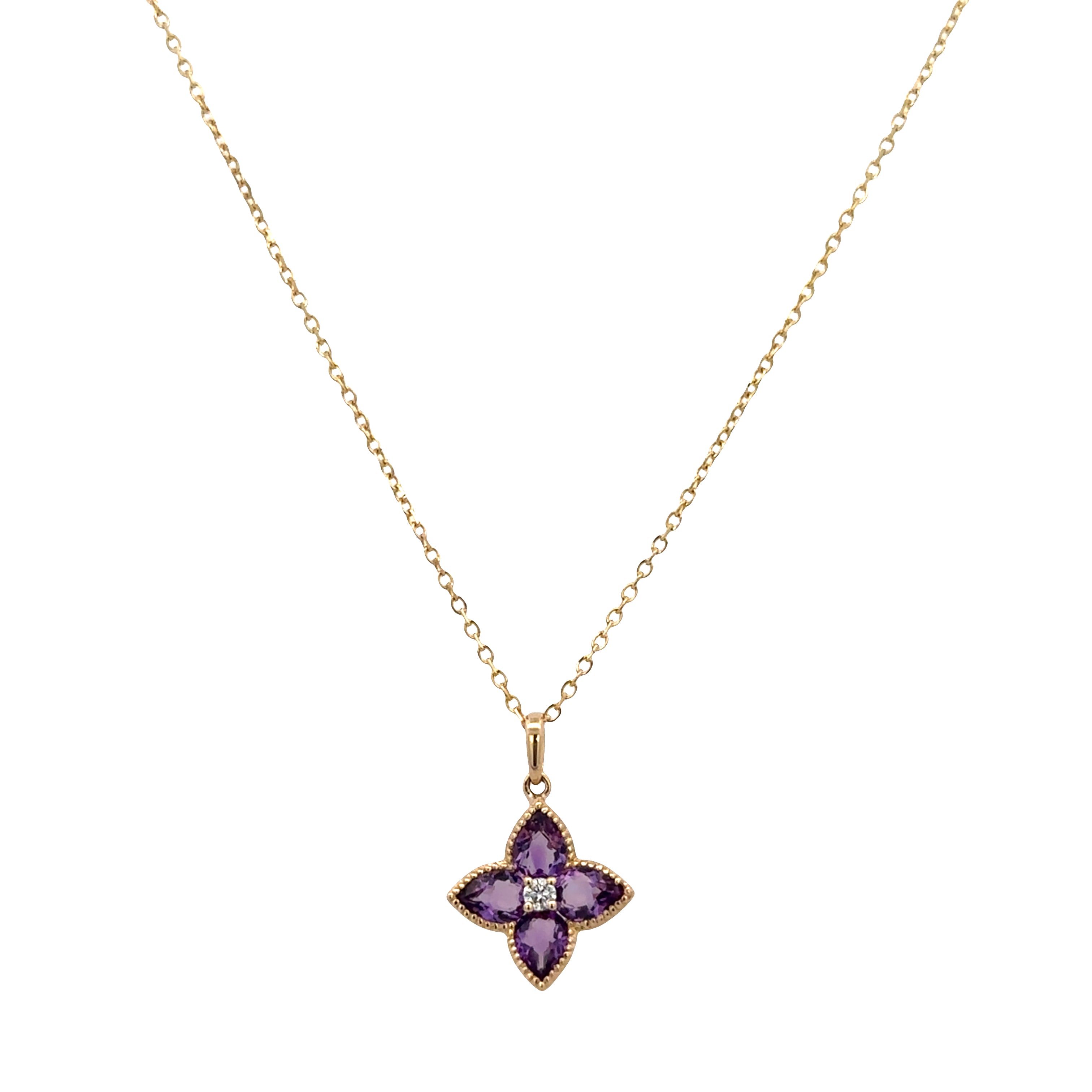 14k Yellow Gold Amethyst & Diamond Quatrefoil Pendant Necklace – Adjustable 18"