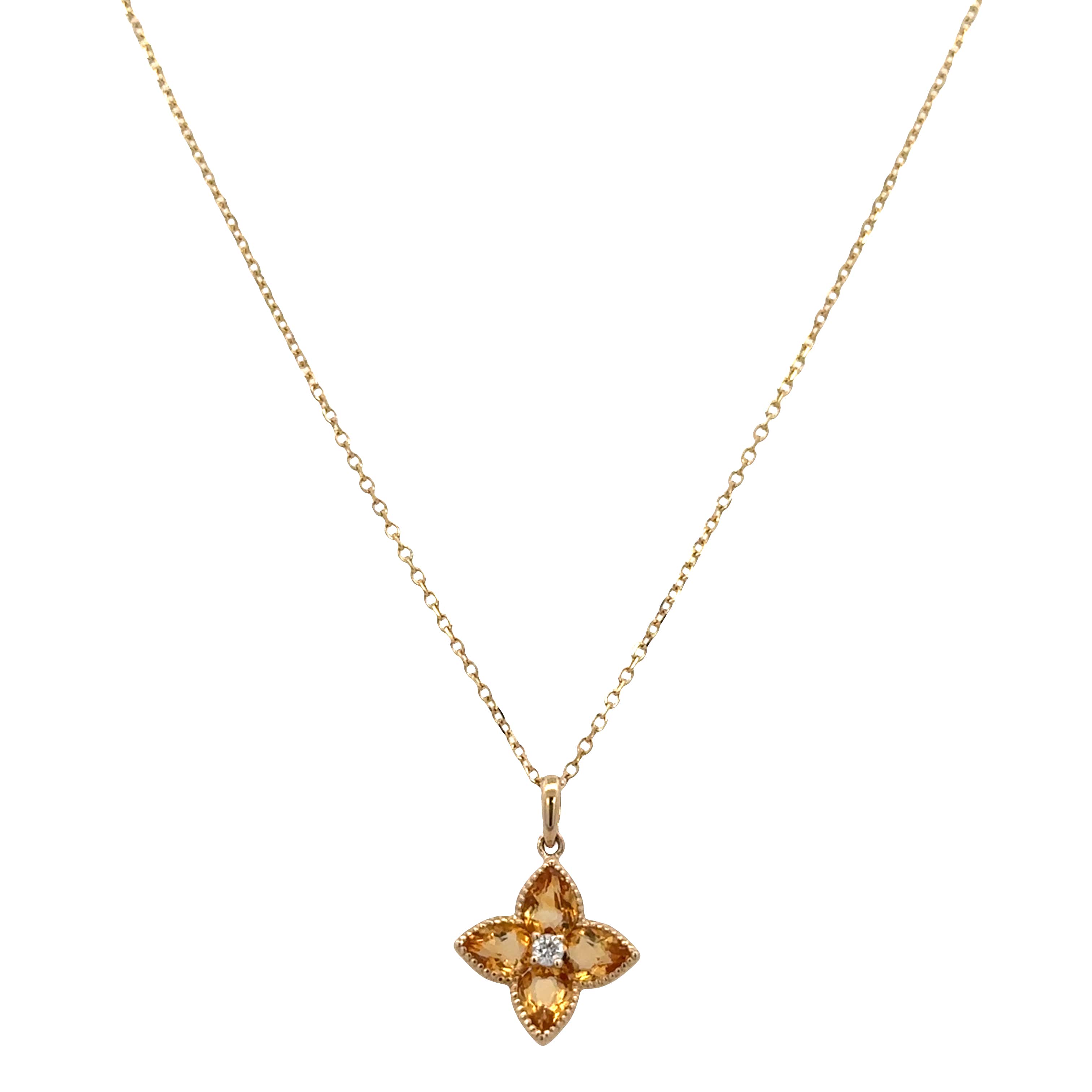 14k Yellow Gold Citrine & Diamond Quatrefoil Pendant Necklace – Adjustable 18"