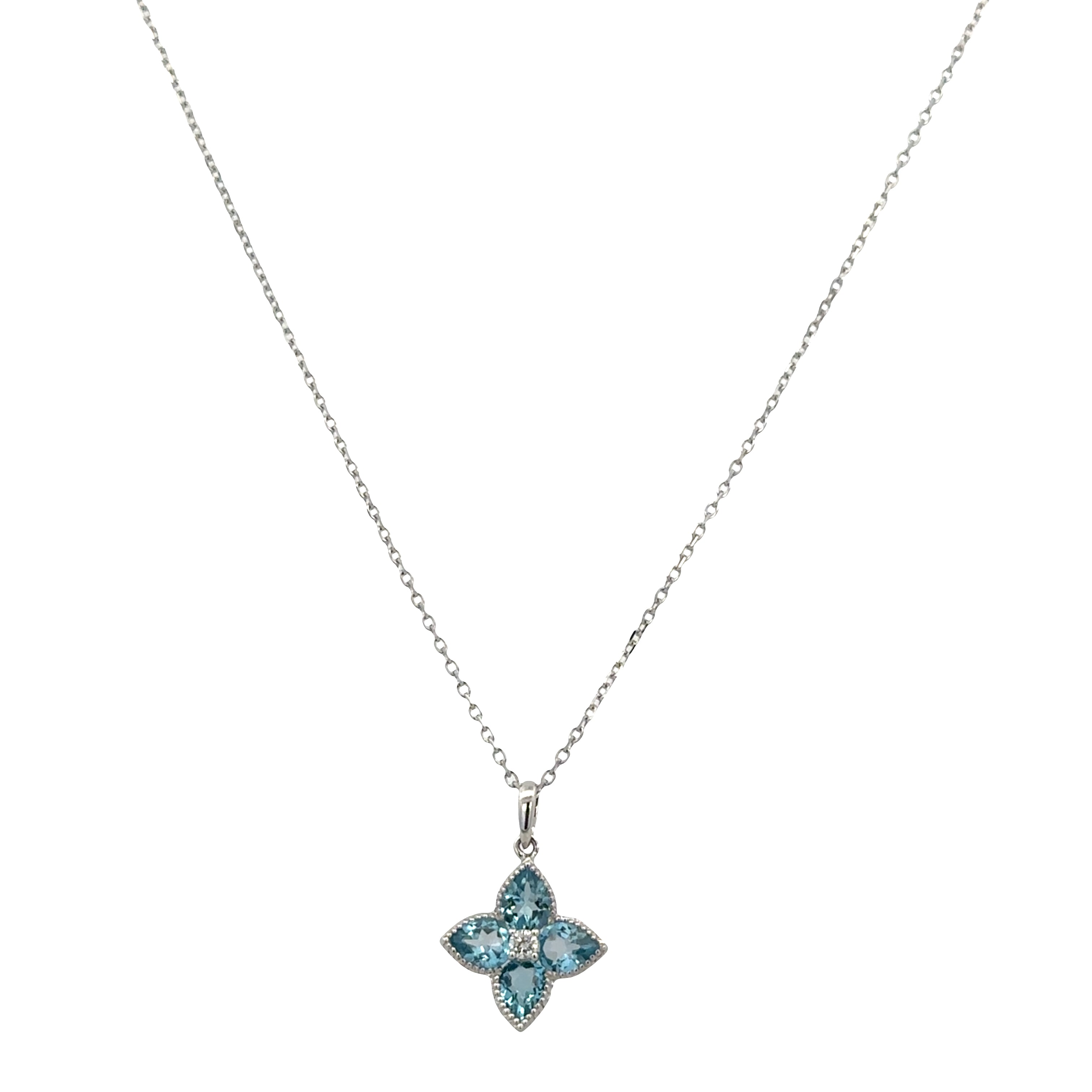 14k White Gold Blue Topaz & Diamond Quatrefoil Pendant Necklace – Adjustable 18"