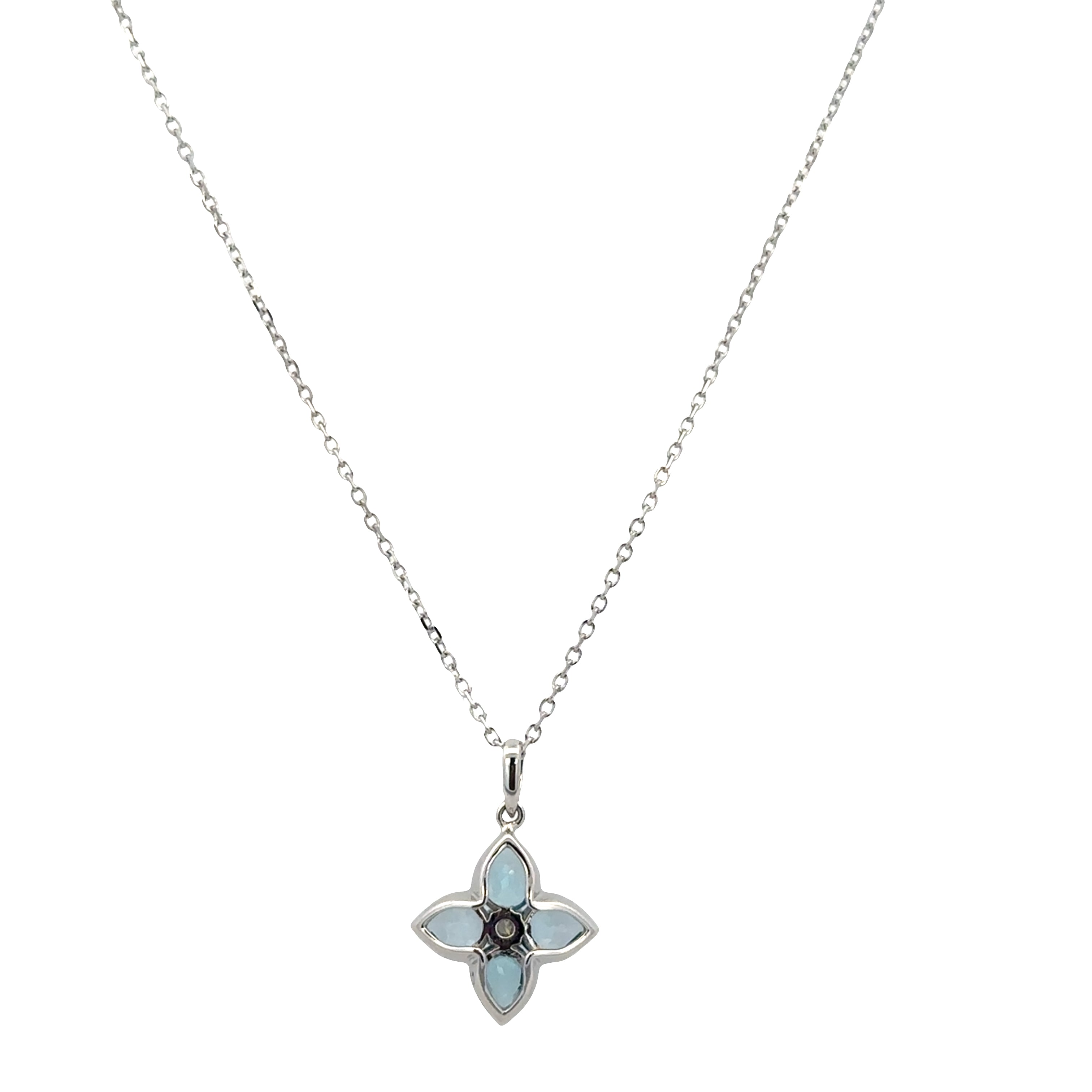 14k White Gold Blue Topaz & Diamond Quatrefoil Pendant Necklace – Adjustable 18"