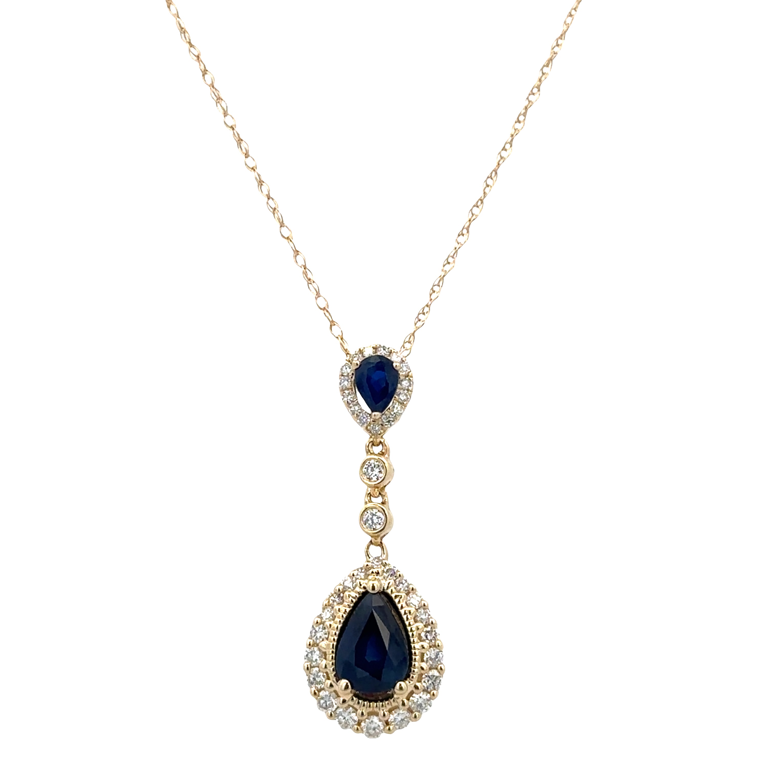 14k Yellow Gold Sapphire & Diamond Halo Pendant Necklace – 18"