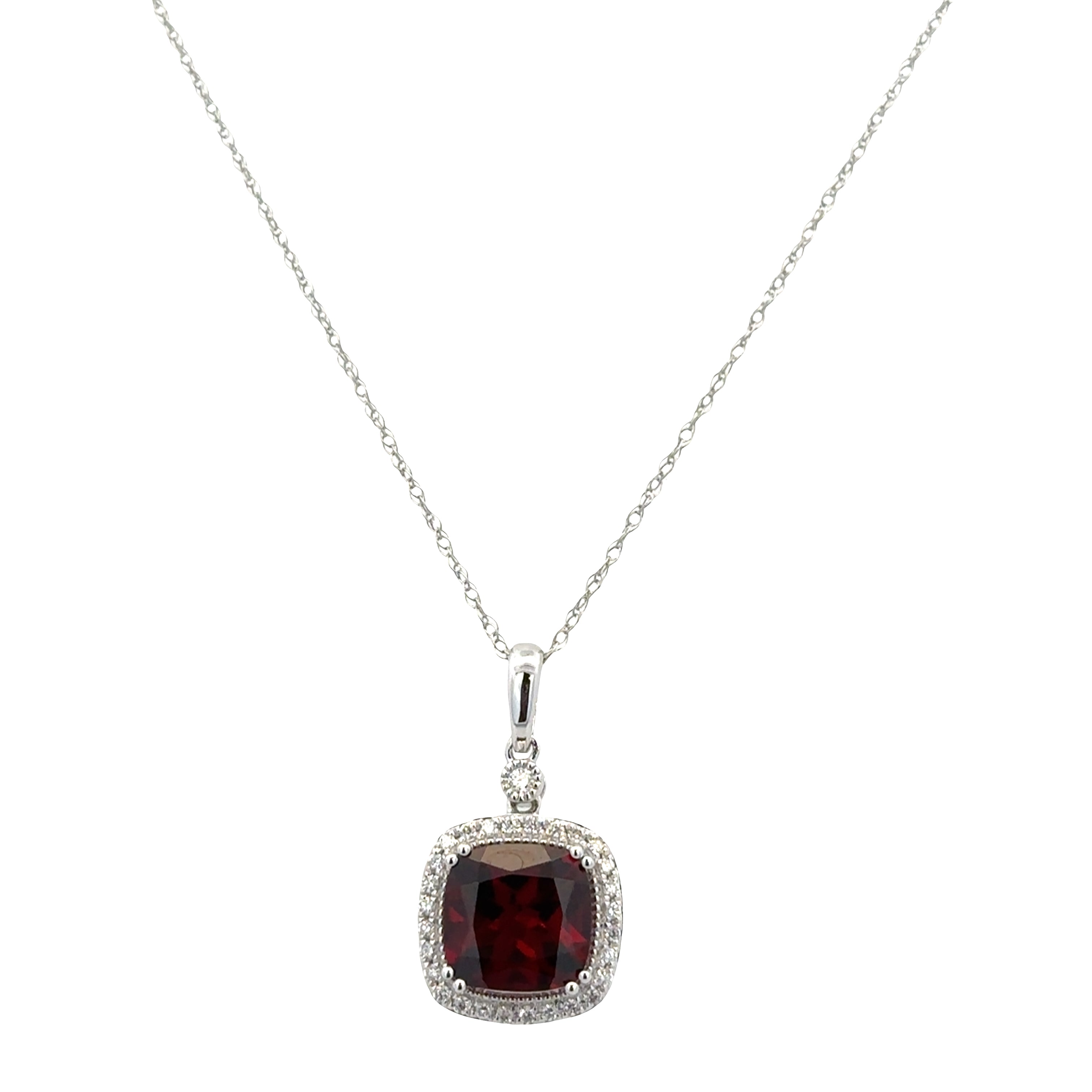 14k White Gold Garnet & Diamond Halo Pendant Necklace – 18"