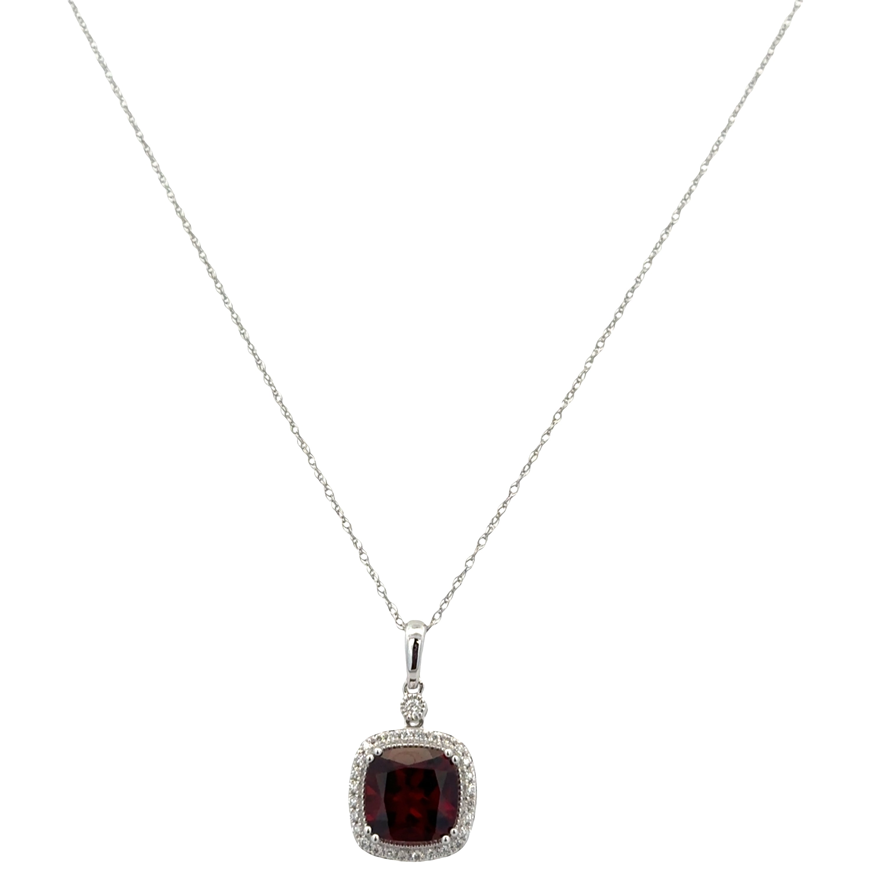 14k White Gold Garnet & Diamond Halo Pendant Necklace – 18"
