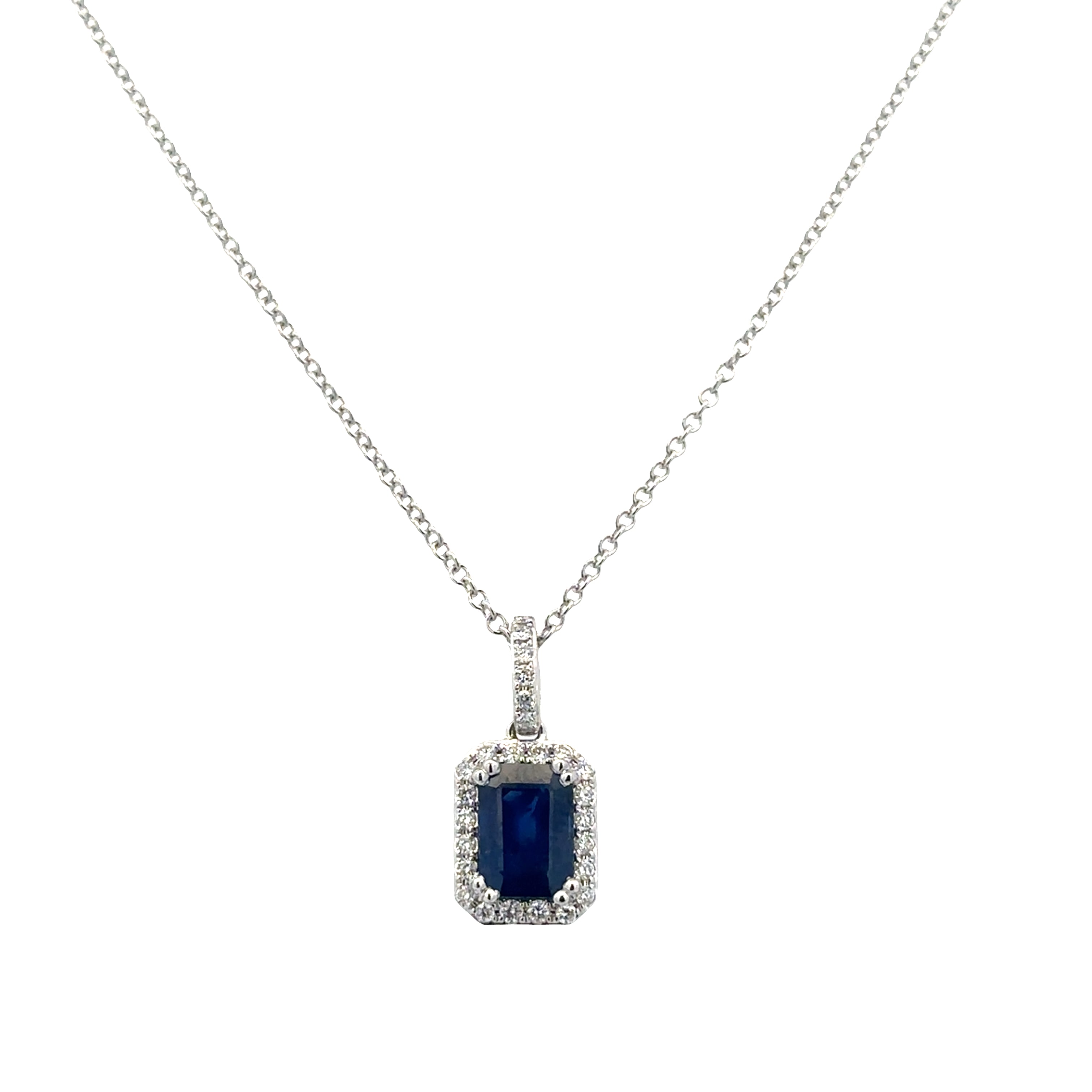 14k White Gold Sapphire & Diamond Halo Pendant – 1.05 Carats