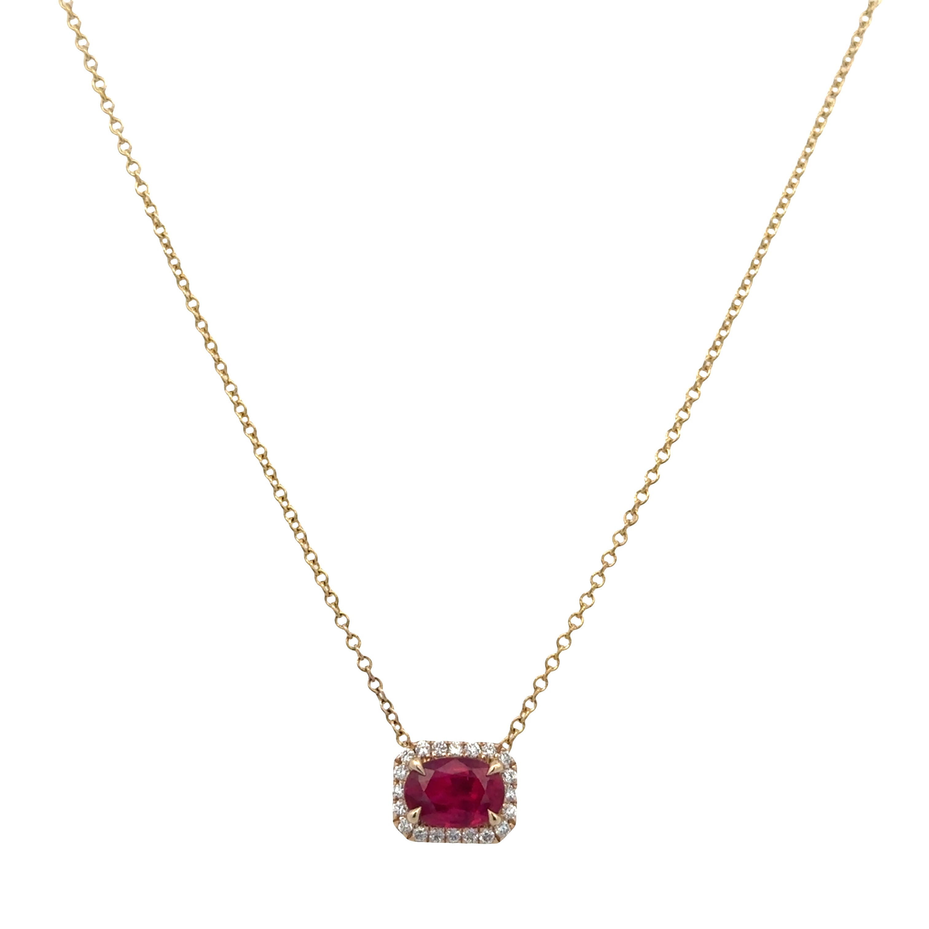 14k Yellow Gold Ruby & Diamond Cushion Halo Slide Pendant Necklace – Adjustable 18"