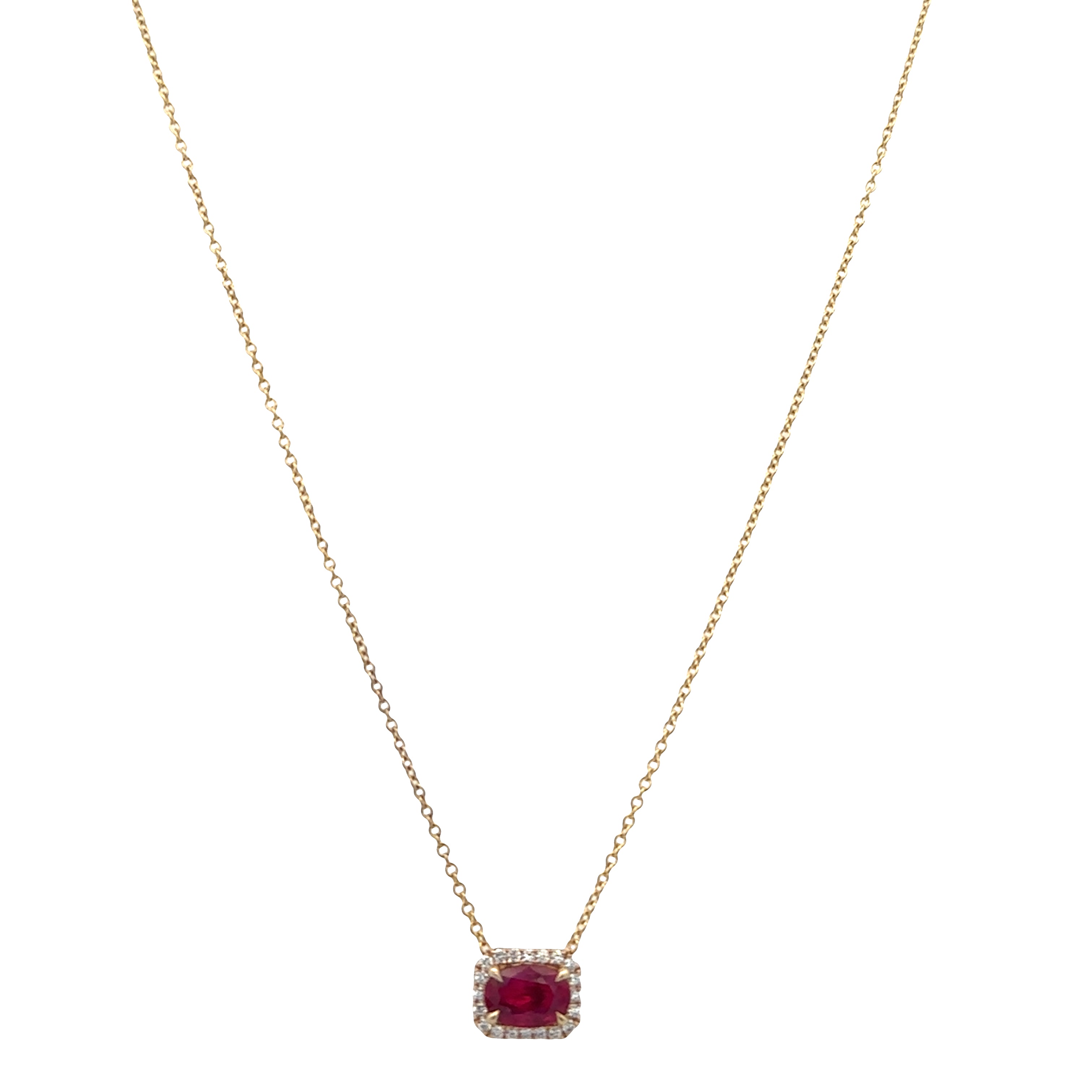 14k Yellow Gold Ruby & Diamond Cushion Halo Slide Pendant Necklace – Adjustable 18"