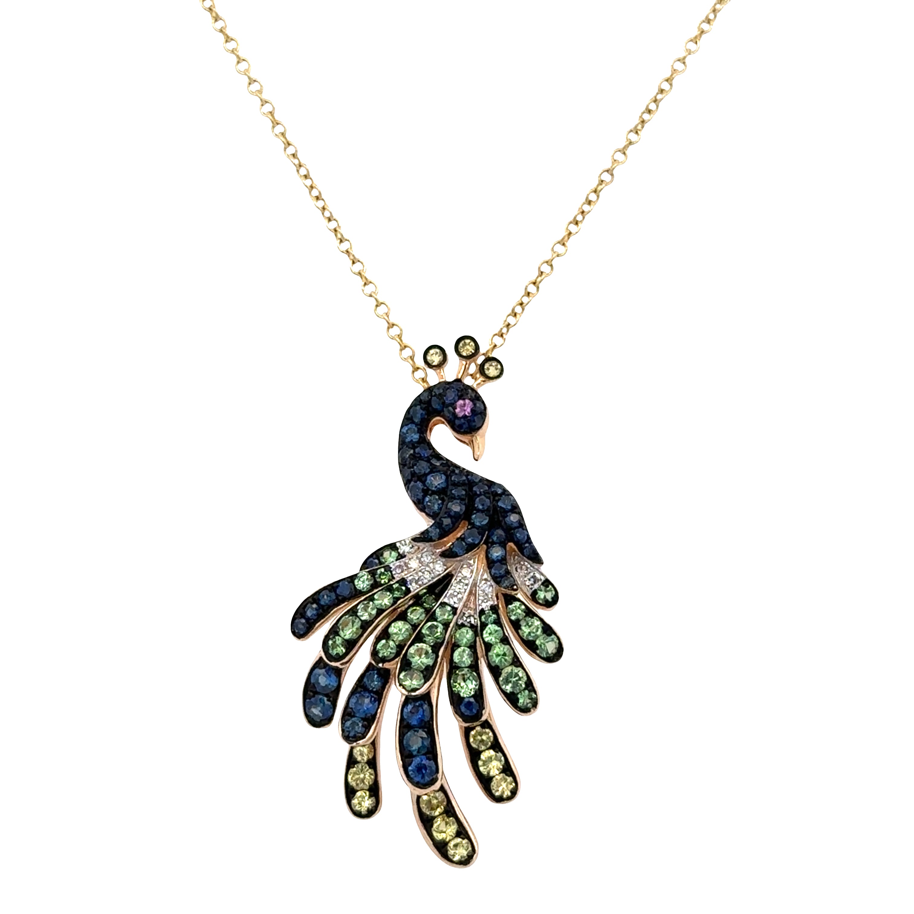 Estate Effy 14k Yellow Gold Multi-Color Sapphire & Diamond Peacock Pendant Necklace – Adjustable 21"