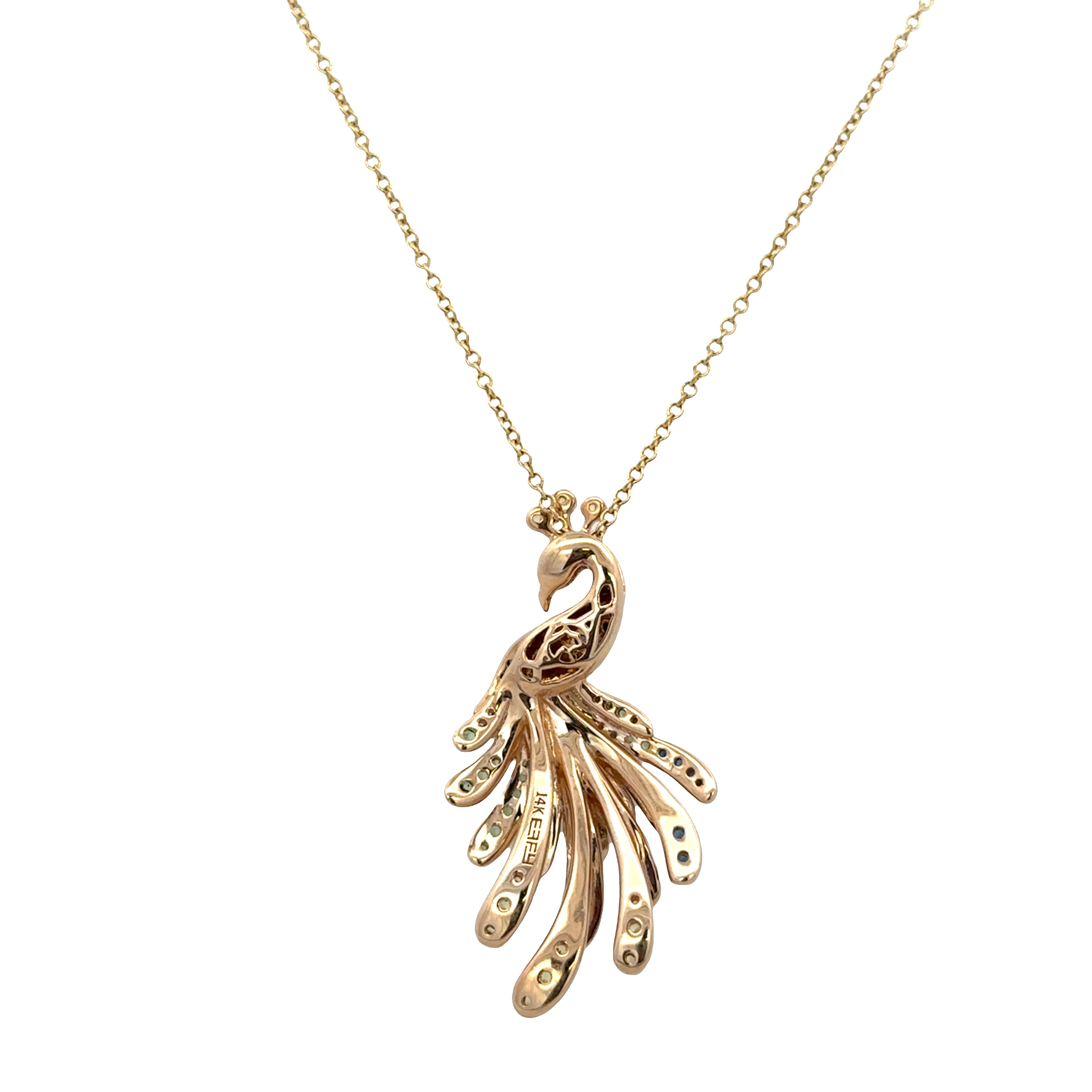 Estate Effy 14k Yellow Gold Multi-Color Sapphire & Diamond Peacock Pendant Necklace – Adjustable 21"