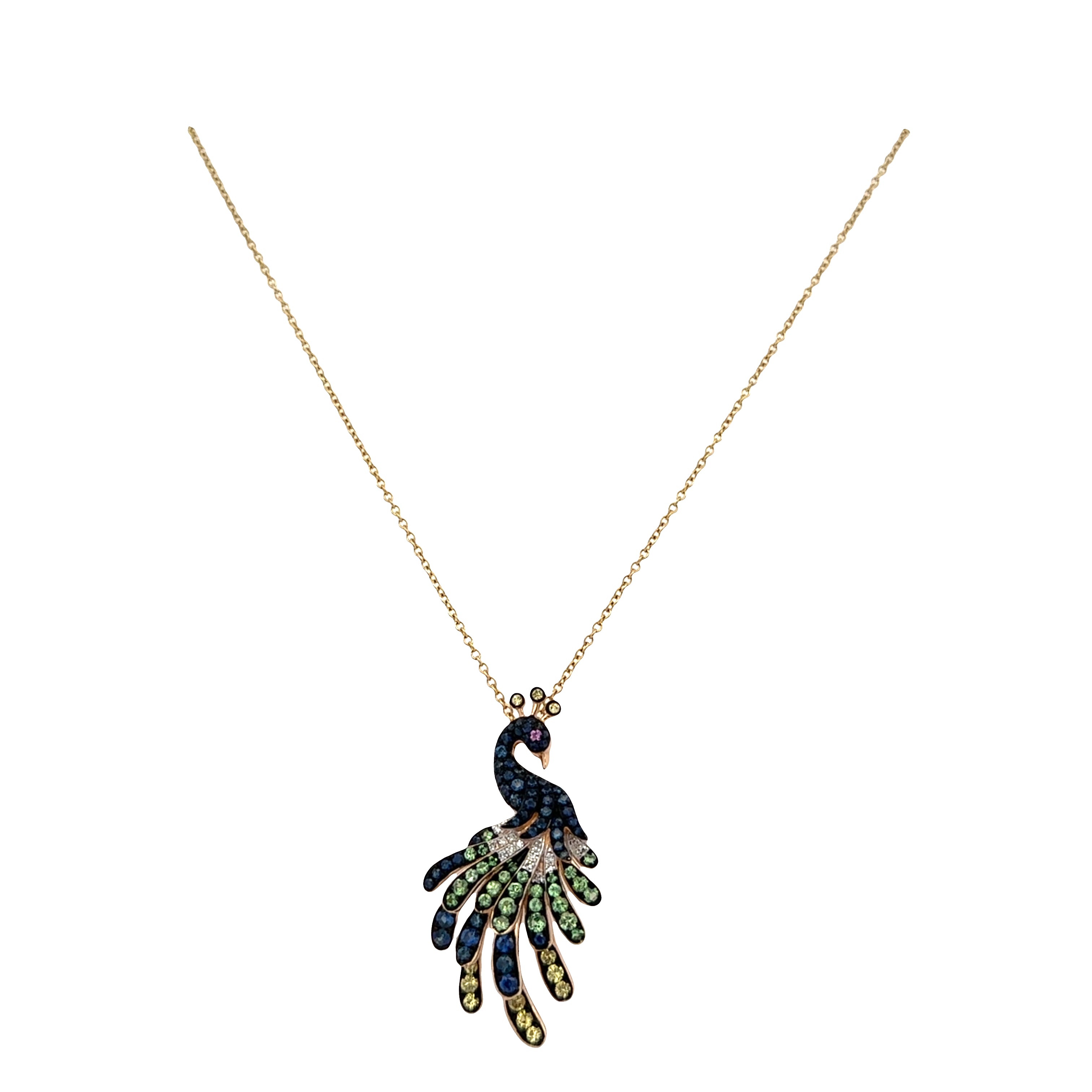 Estate Effy 14k Yellow Gold Multi-Color Sapphire & Diamond Peacock Pendant Necklace – Adjustable 21"