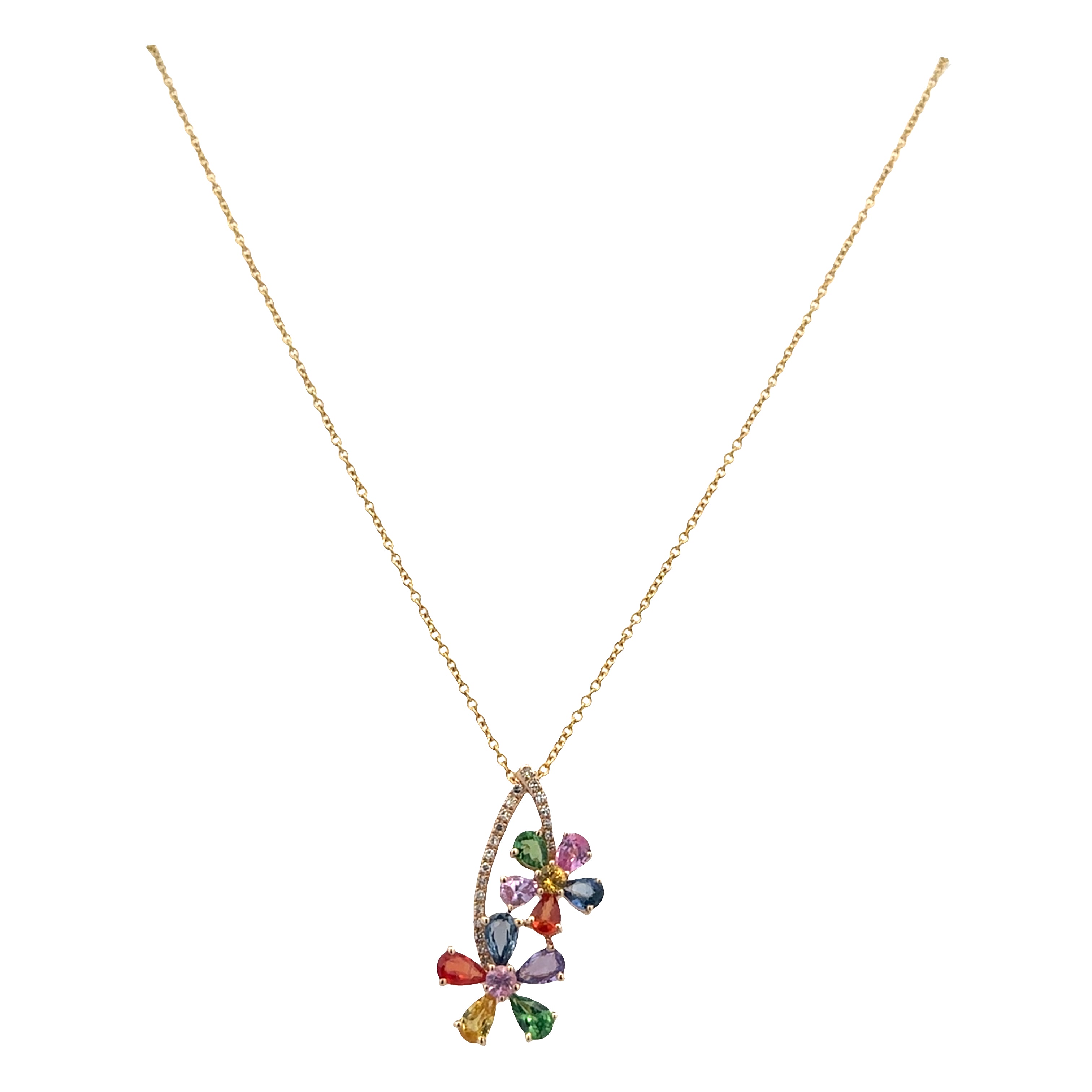 14k Yellow Gold Multi Color Sapphire & Diamond Floral Pendant – 2.63 CTW