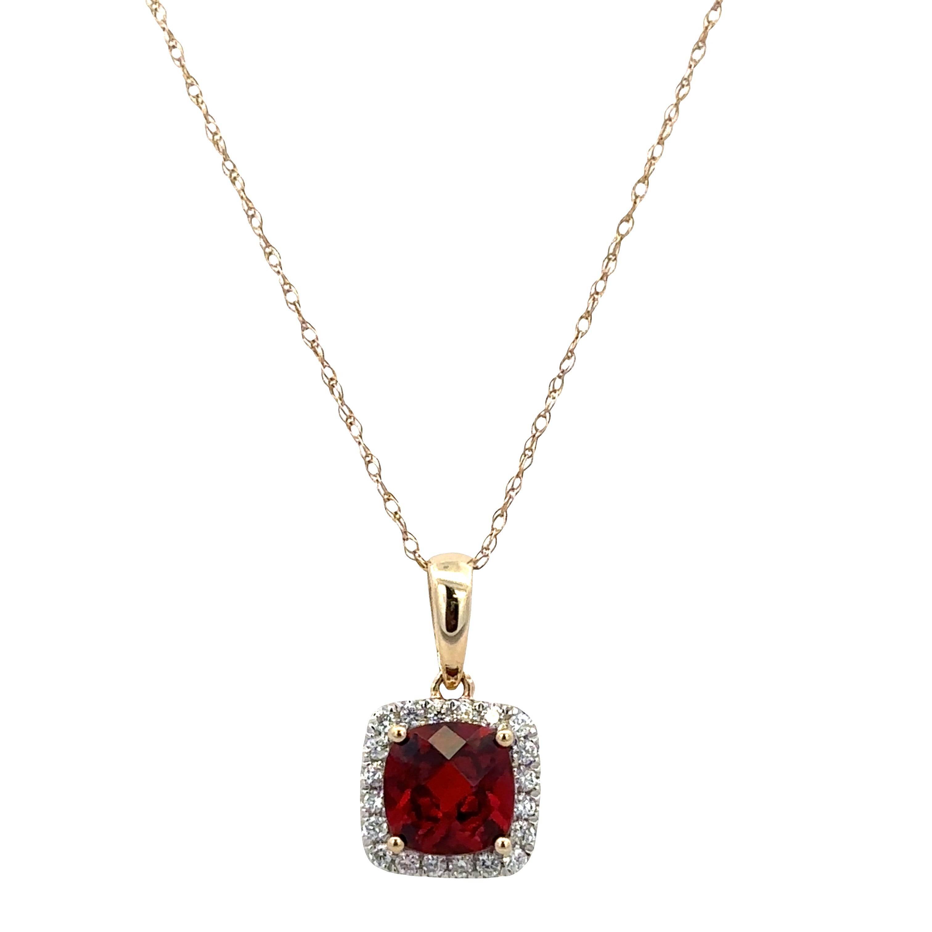 14k Yellow Gold Garnet & Diamond Halo Pendant Necklace – 18"