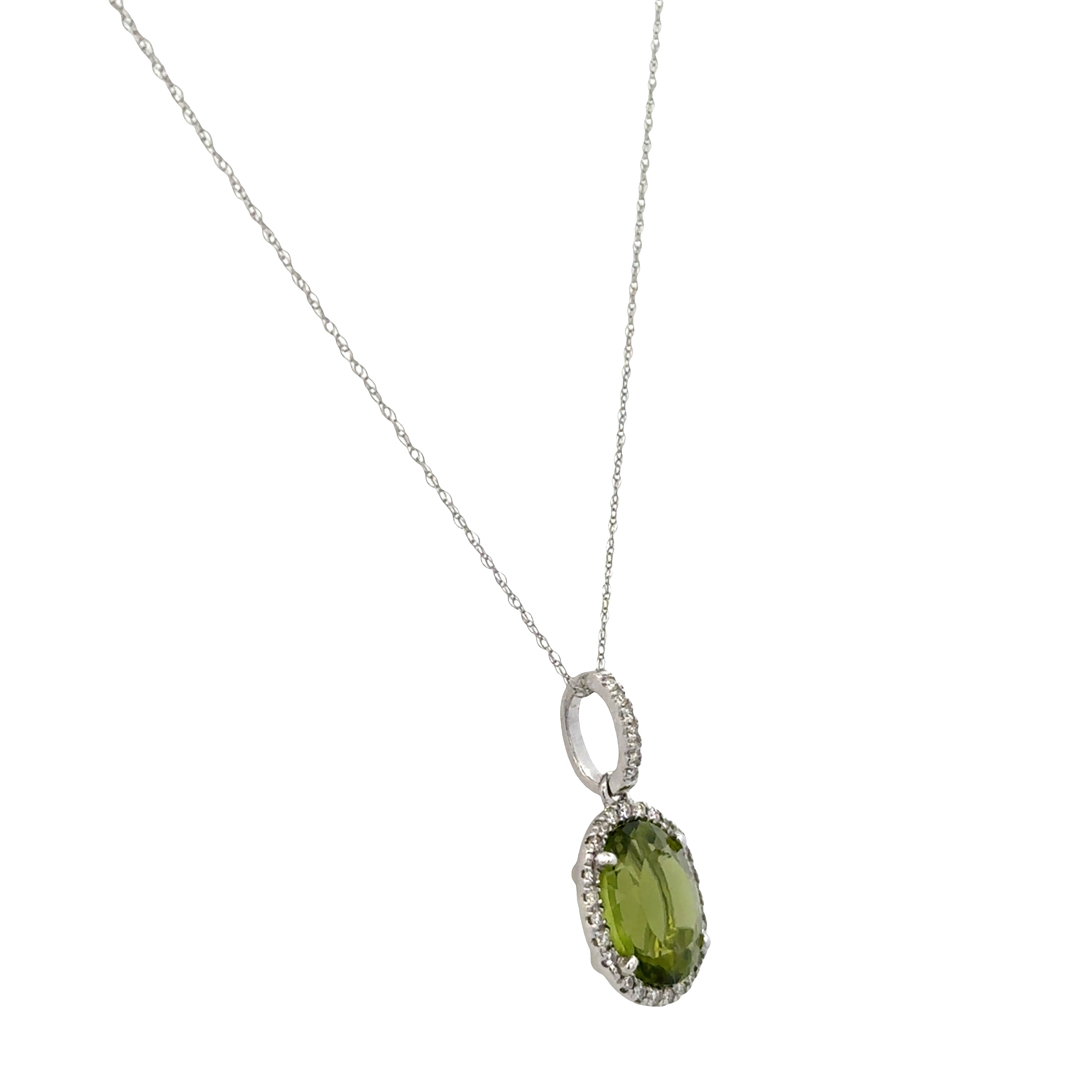 14k White Gold Peridot & Diamond Halo Pendant Necklace – 18"