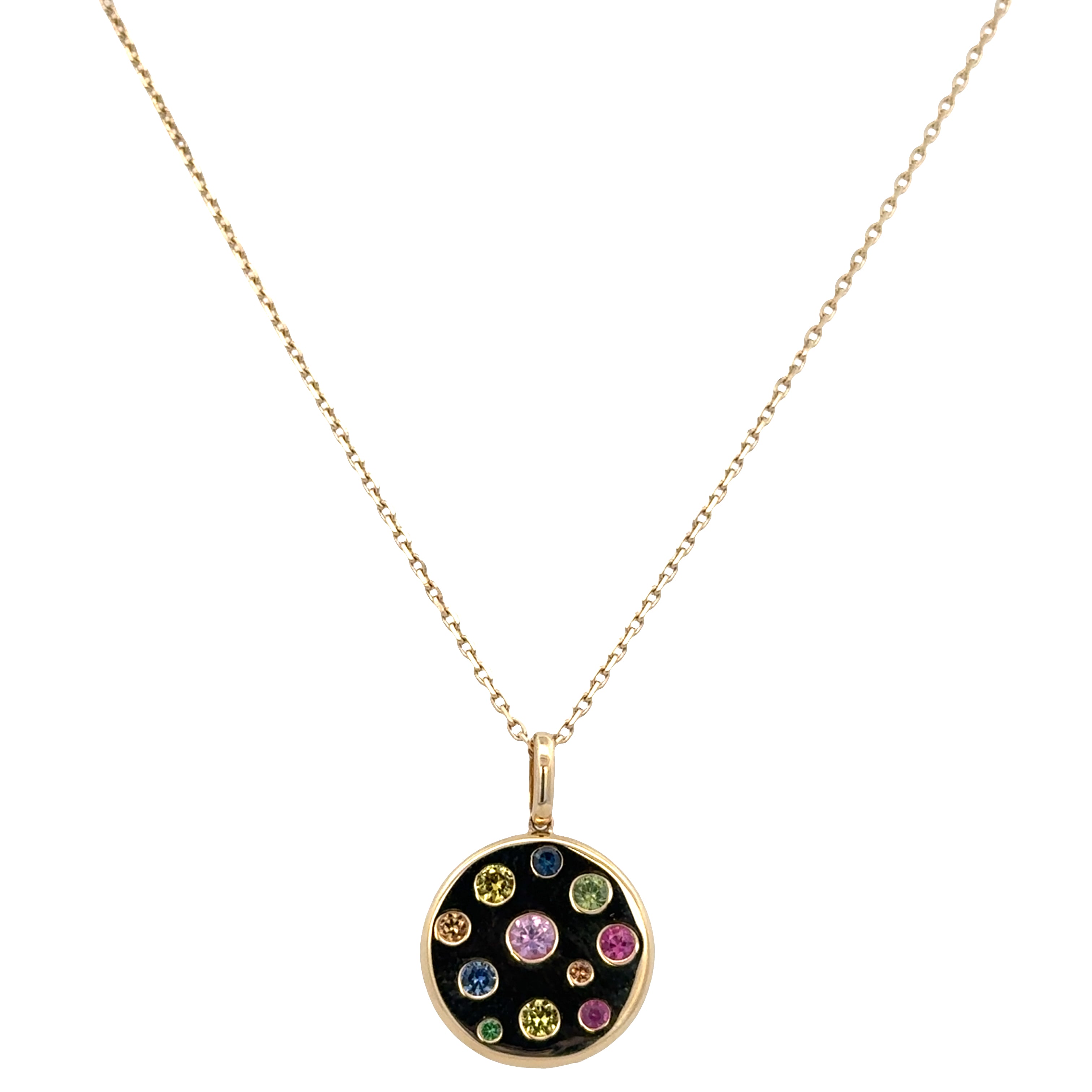 14k Yellow Gold Multicolor Sapphire Disc Pendant Necklace – Adjustable 18"