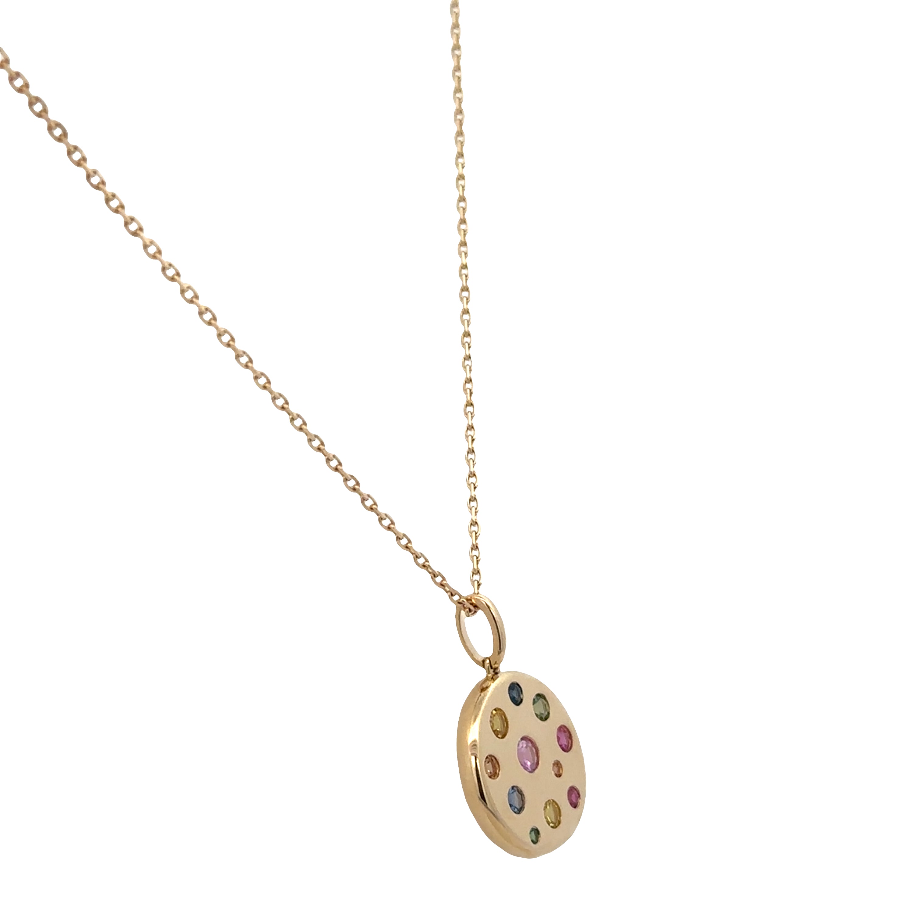14k Yellow Gold Multicolor Sapphire Disc Pendant Necklace – Adjustable 18"