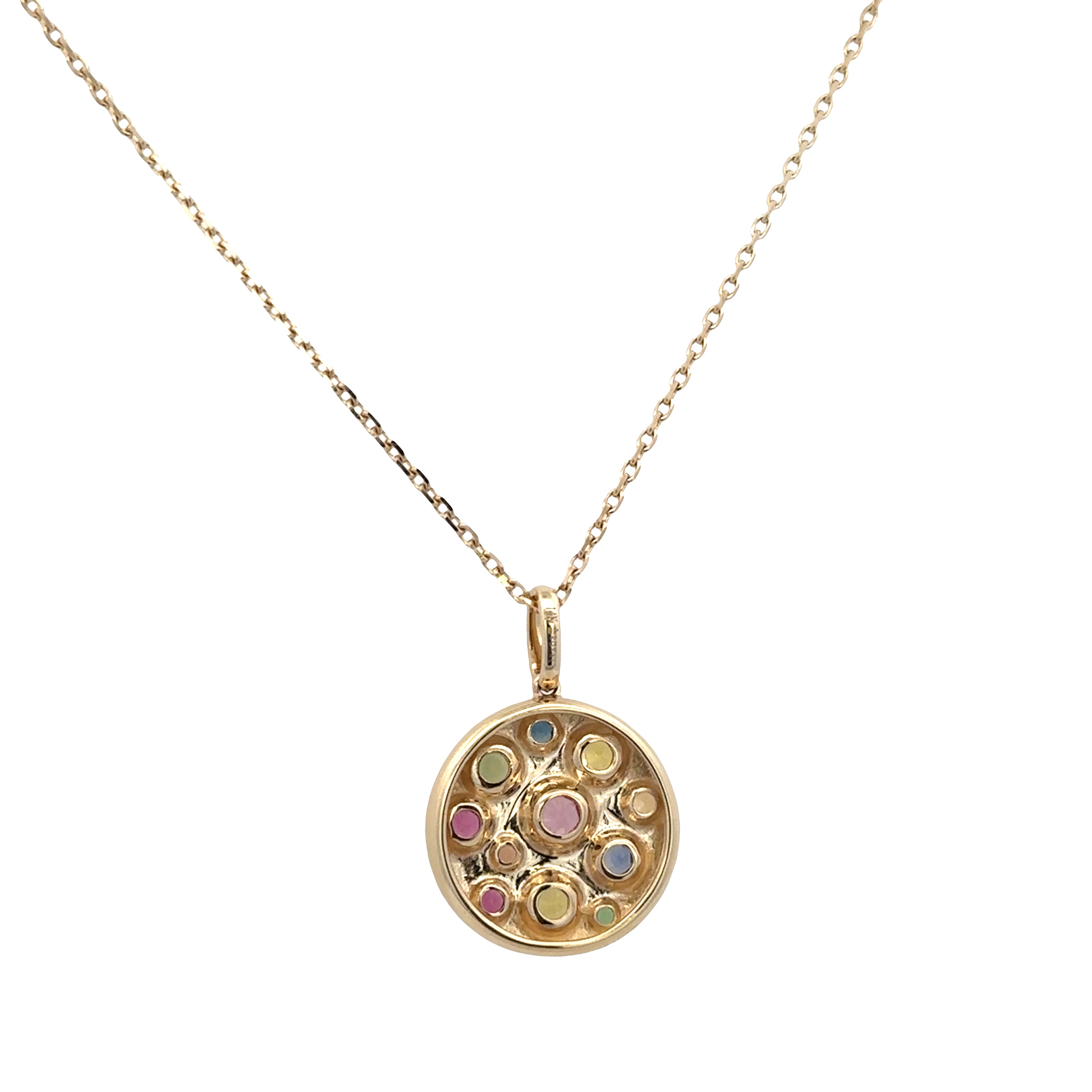 14k Yellow Gold Multicolor Sapphire Disc Pendant Necklace – Adjustable 18"