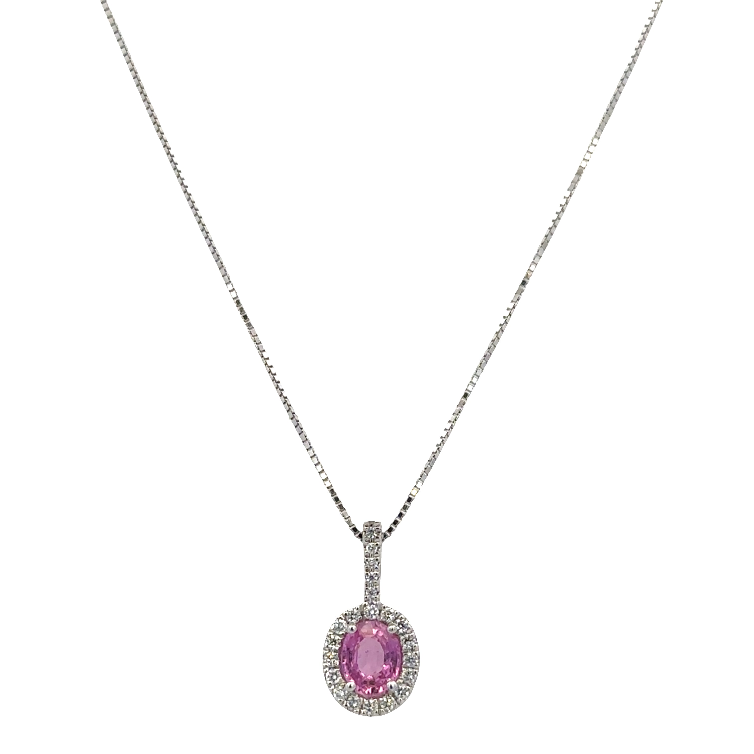 14k White Gold Pink Sapphire & Diamond Halo Pendant Necklace – 18"