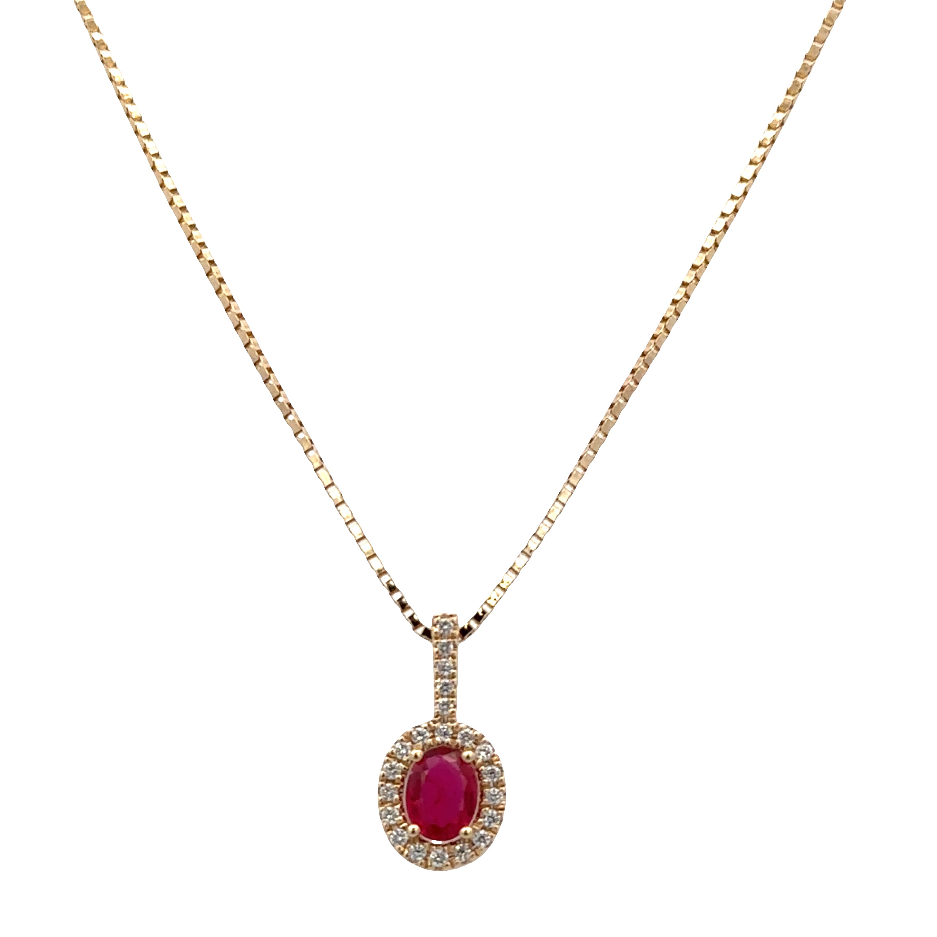 14k Yellow Gold Ruby & Diamond Halo Pendant Necklace – 18"