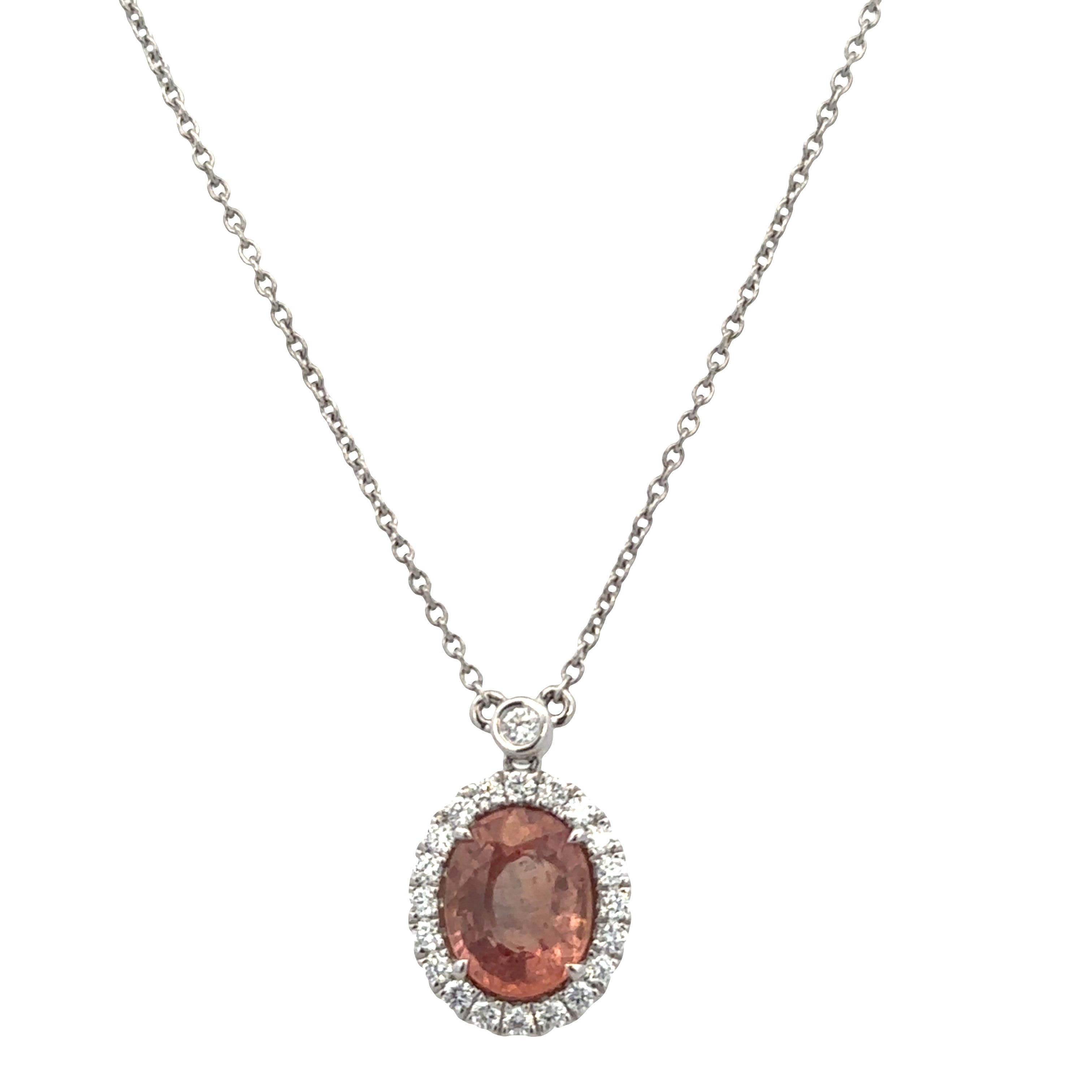 14k White Gold Padparadscha Sapphire & Diamond Halo Pendant Necklace – 18"