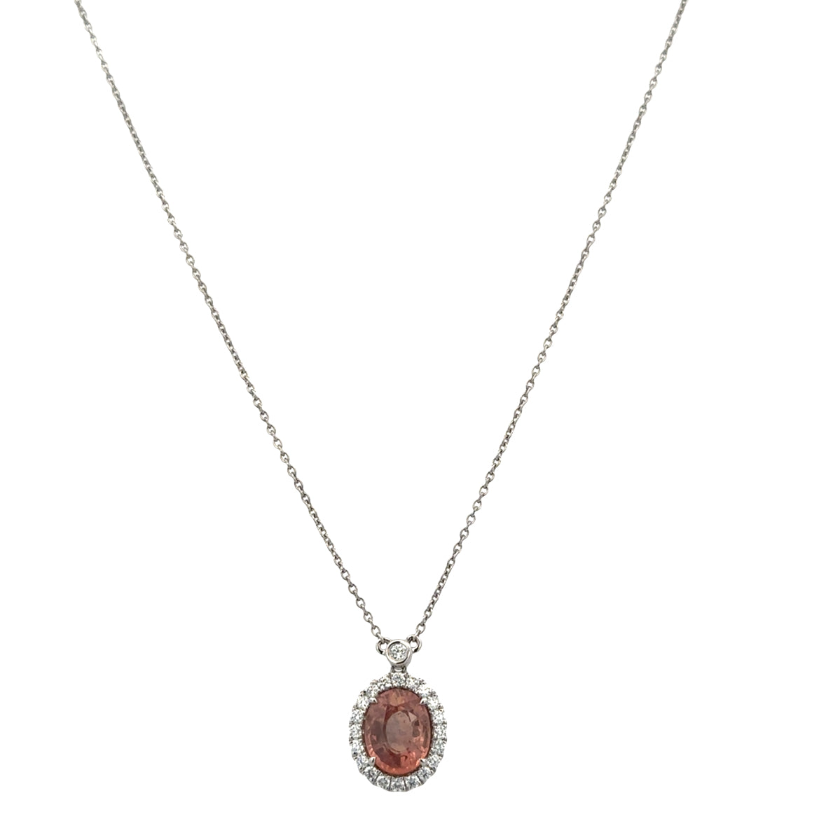 14k White Gold Padparadscha Sapphire & Diamond Halo Pendant Necklace – 18"