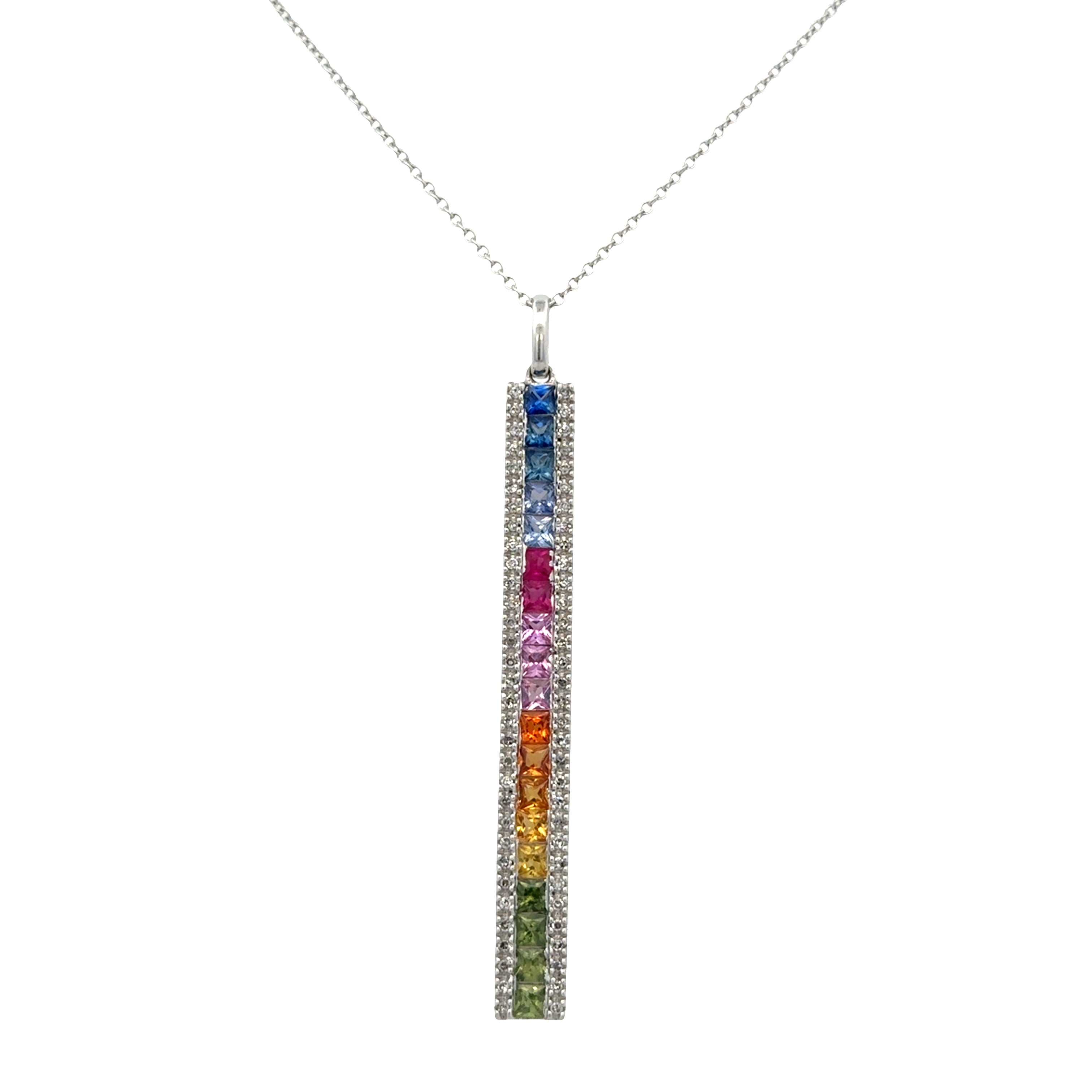 14k White Gold Rainbow Sapphire & Diamond Pendant Necklace – 18"