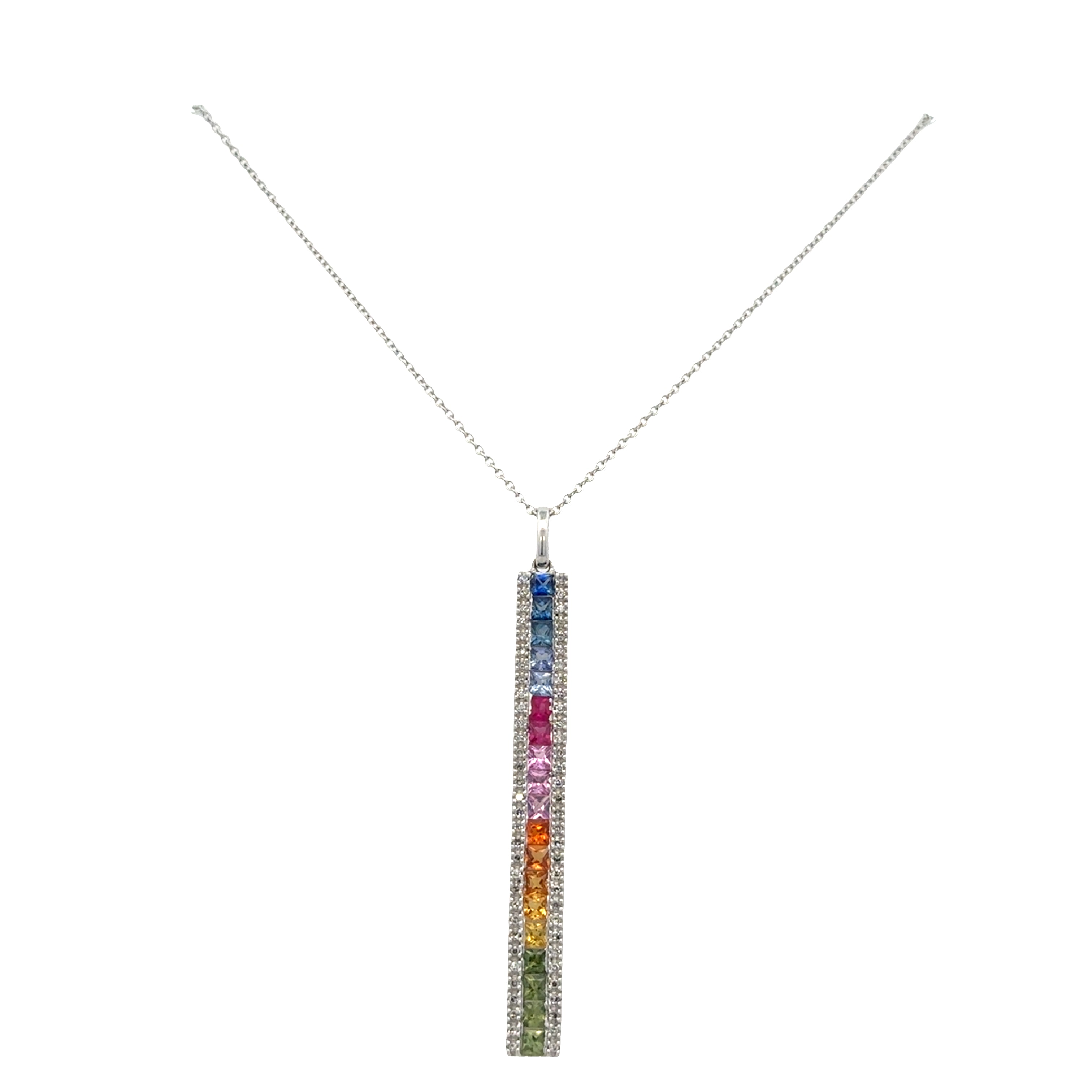 14k White Gold Rainbow Sapphire & Diamond Pendant Necklace – 18"